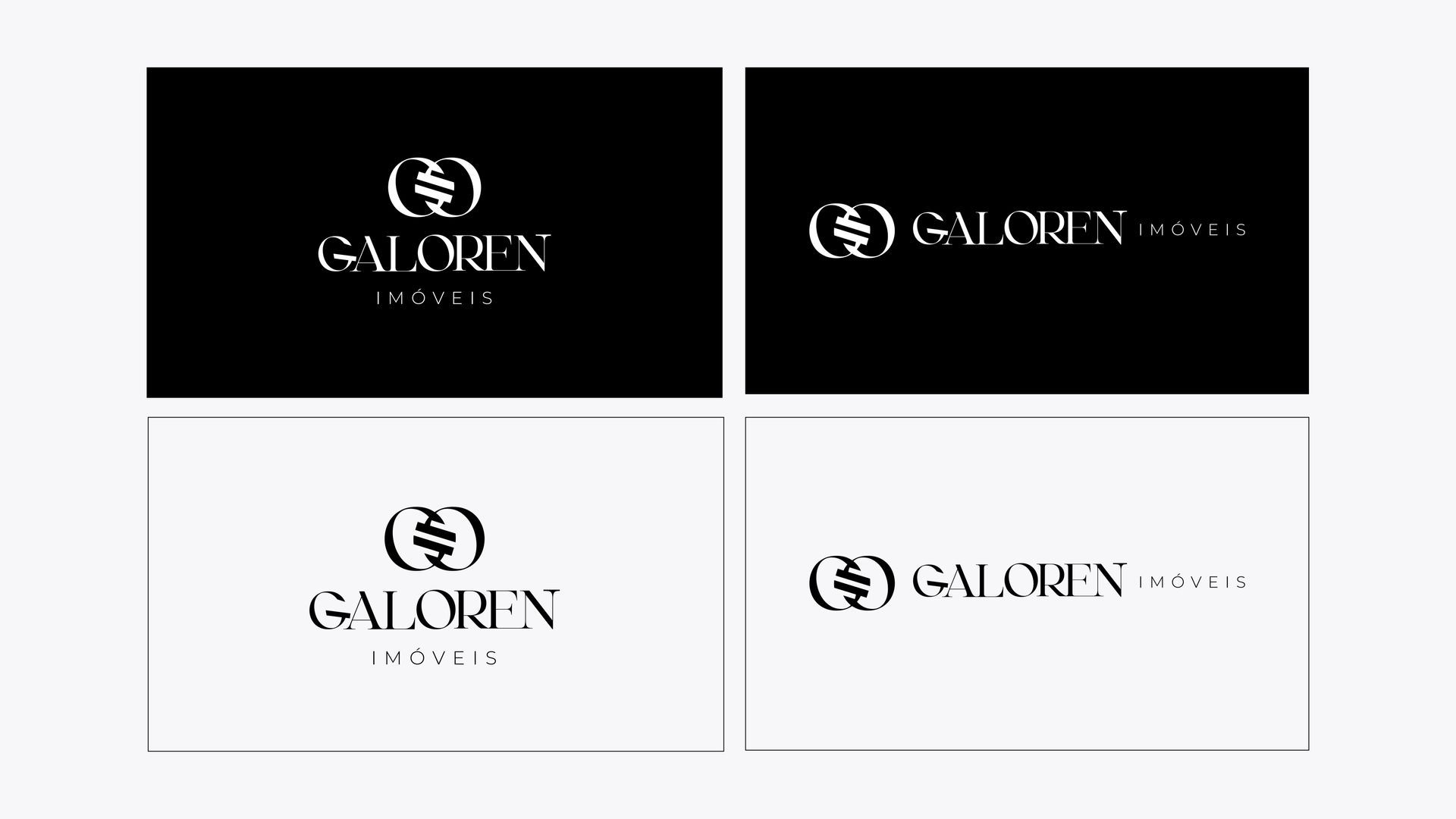 Quatro variações do logotipo da GALORE em fundos preto e branco, dispostas em uma grade 2x2.