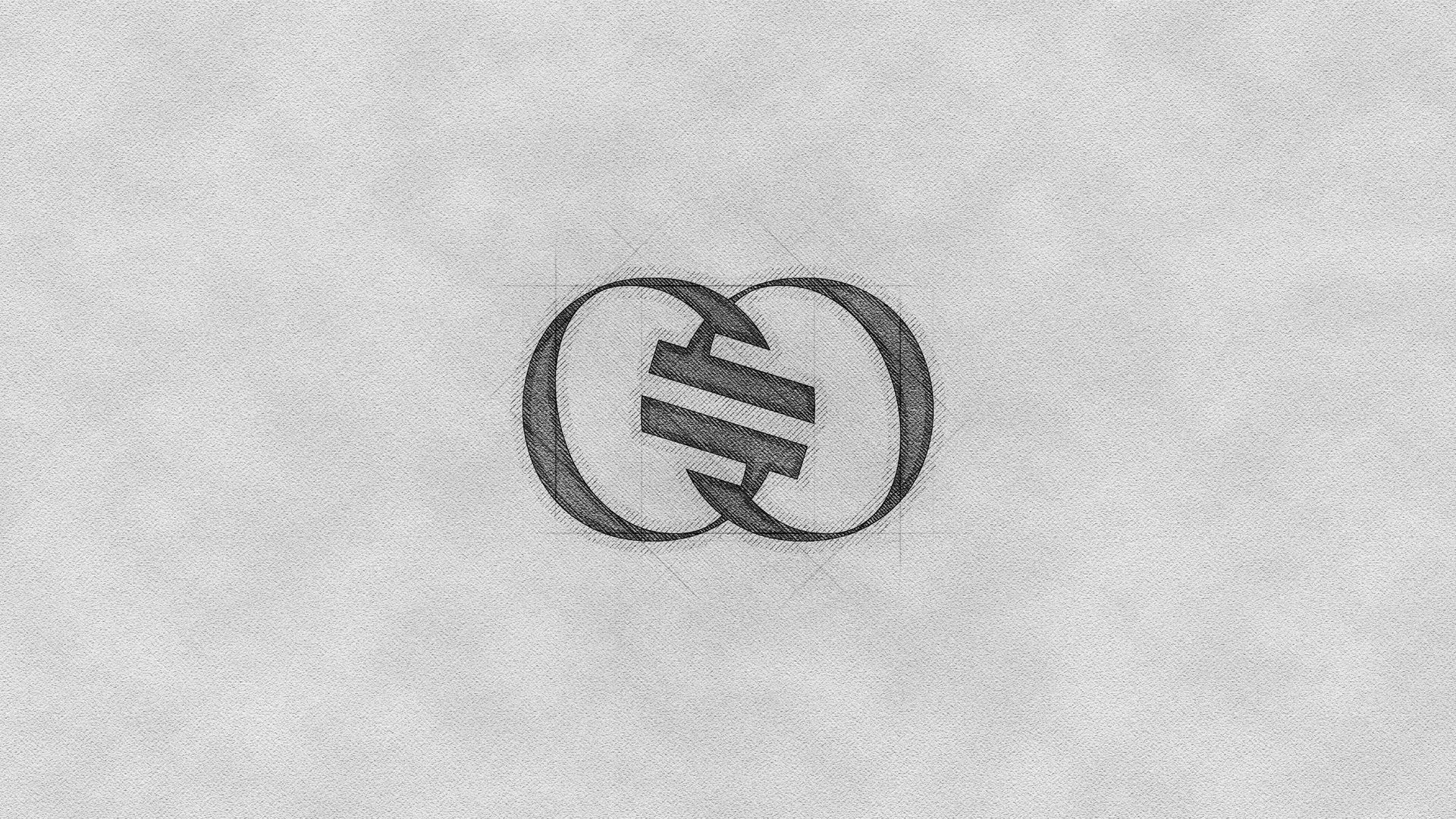 Logotipo circular em preto e branco com letras entrelaçadas sobre um fundo levemente texturizado.