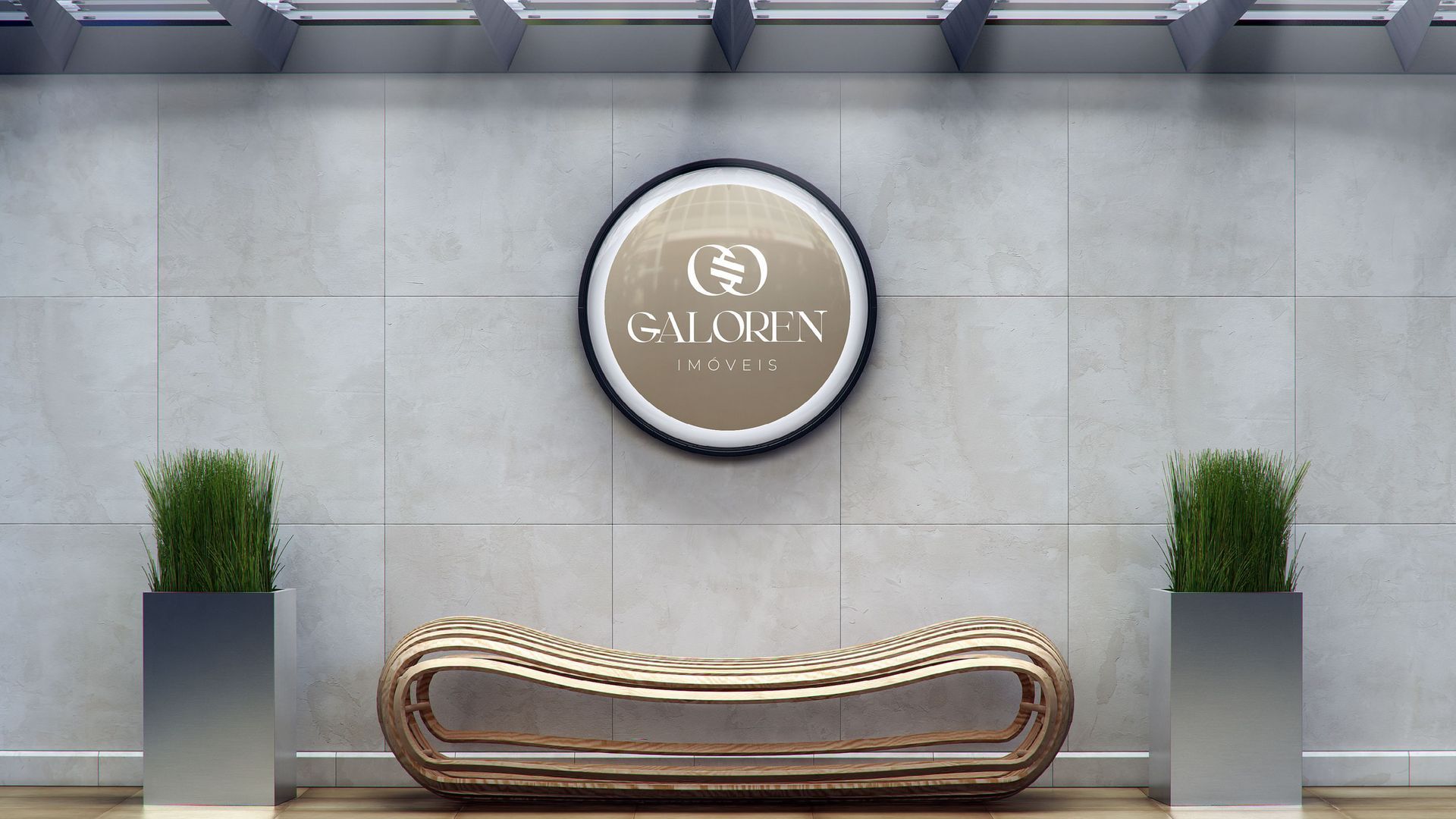 Hall de entrada moderno com um banco dourado, dois vasos de plantas e uma placa circular na parede com a inscrição “SALONE”.