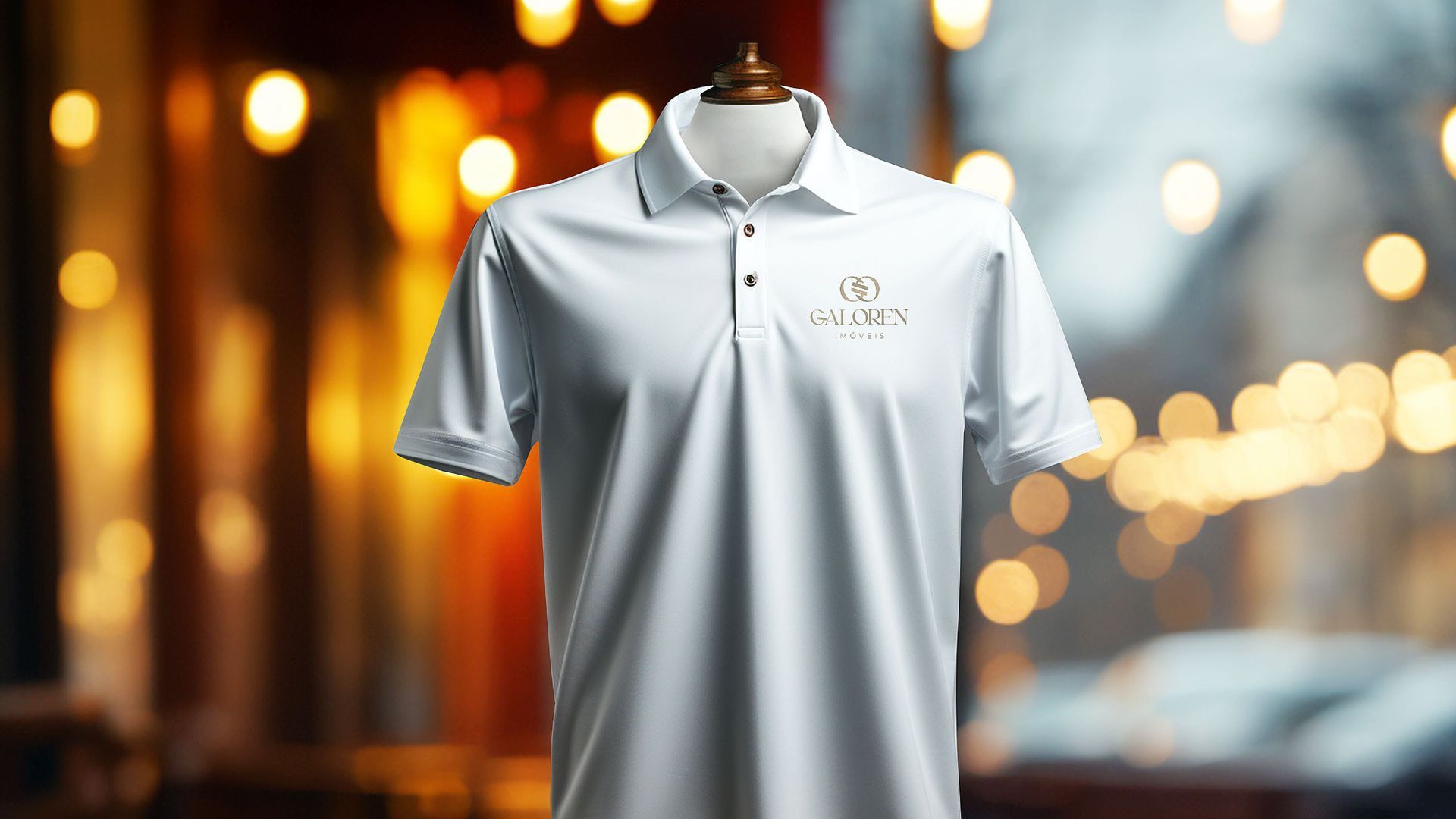 Camisa polo branca pendurada em um cabide contra um fundo quente e desfocado de postes de luz.