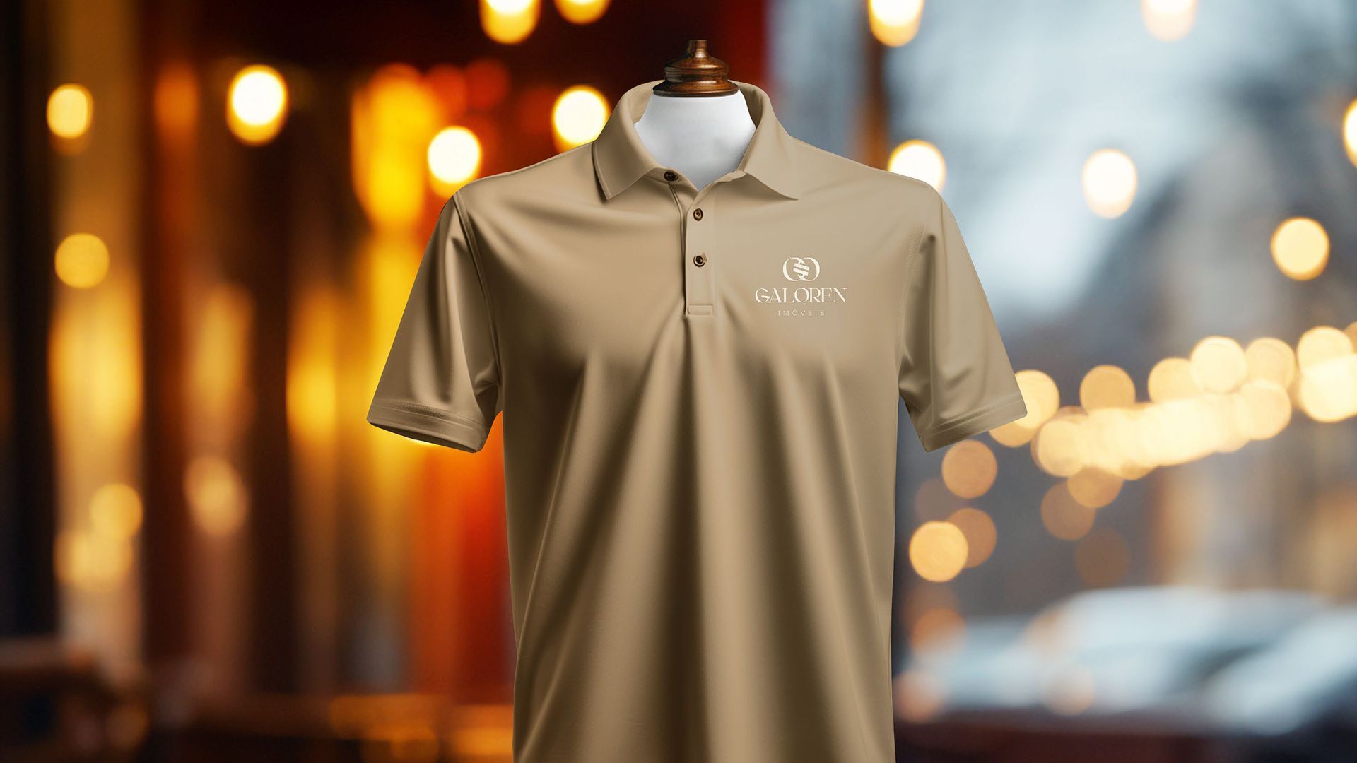 Camisa polo bege em um manequim, exibida com luzes quentes e desfocadas da cidade ao fundo.