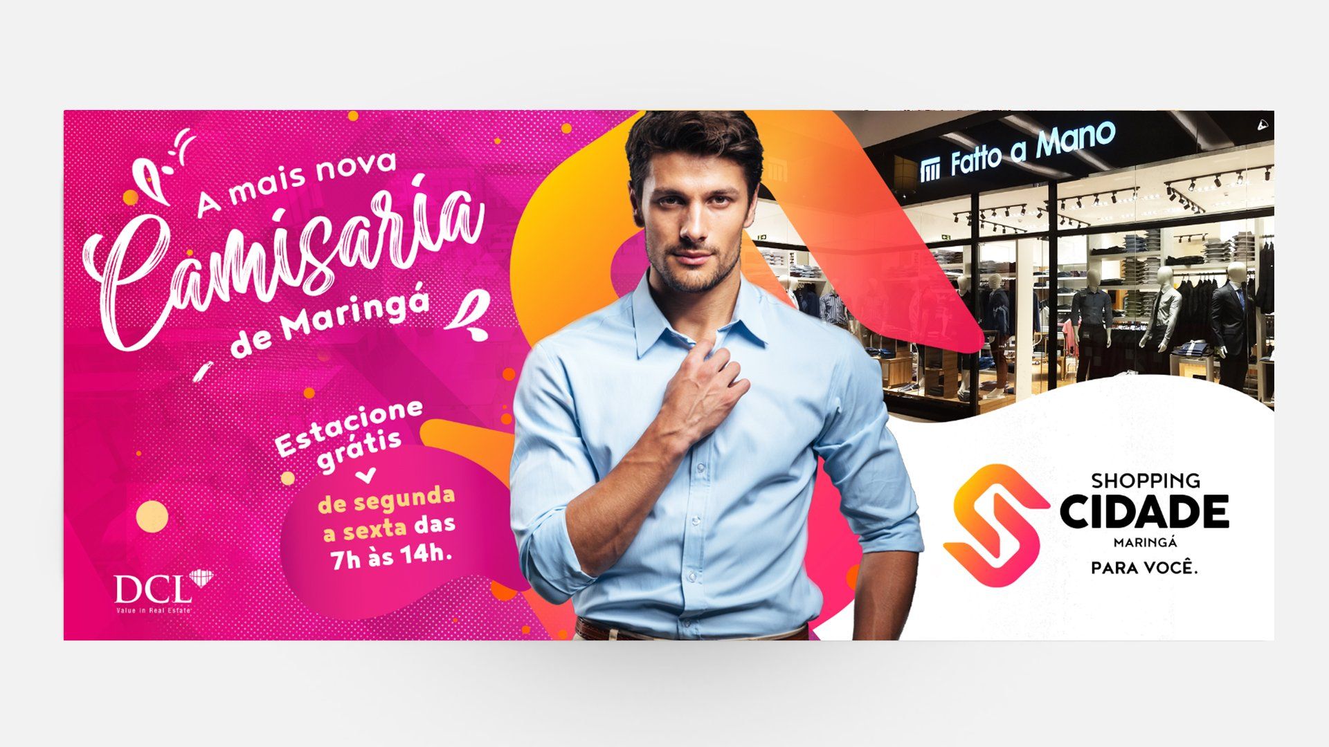 Promotional banner in pink and orange with a man and event details for “O Camisário das Maringá” at Cidade Center shopping center