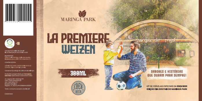 Rótulo da cerveja “La Première Weizen” com um homem segurando uma cerveja em um pomar verde, 35 cl.
