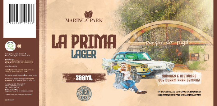 Rótulo da cerveja “La Prima Lager”, com arte em estilo vintage em tons de bege, marrom e verde-azulado.
