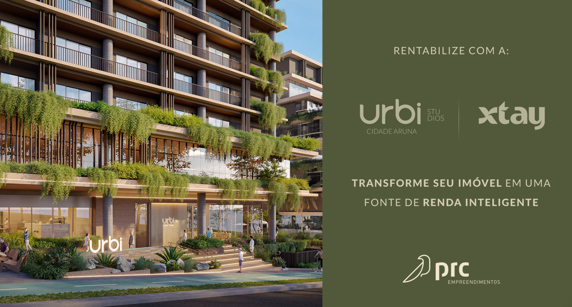Building with hanging greenery, Urbis, Xtay, PRC logos, and text 