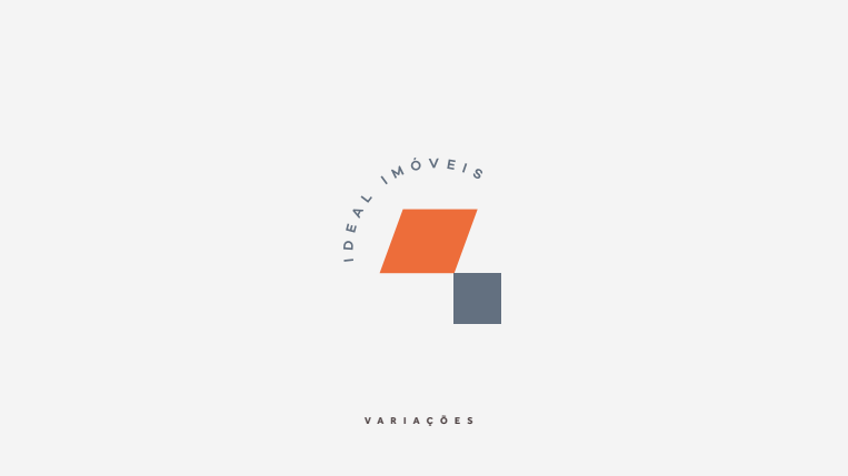 Logotipo minimalista com formas geométricas em laranja e cinza e texto curvo sobre fundo branco.