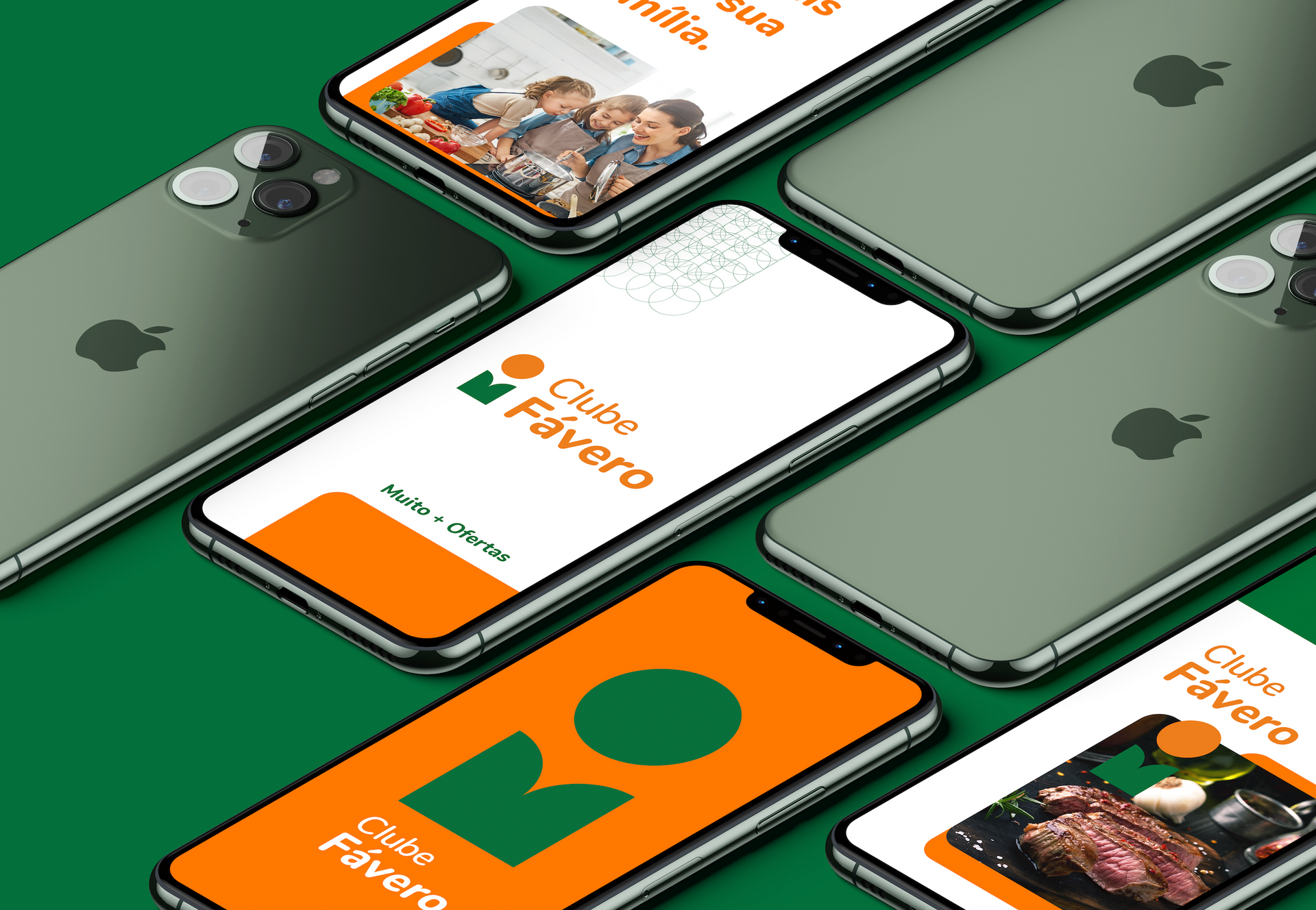 Quatro iPhones exibindo um aplicativo de comida com design laranja e verde sobre um fundo verde.