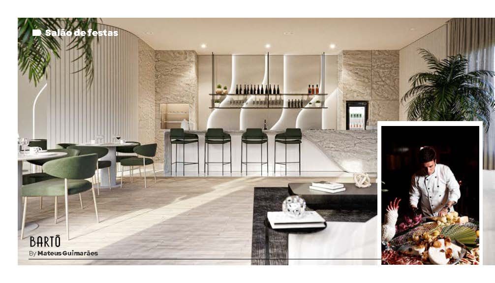 Sala de estar moderna em tons de bege com uma longa ilha de cozinha, banquetas, sofá e vasos de plantas; a imagem inserida mostra um chef preparando um prato.