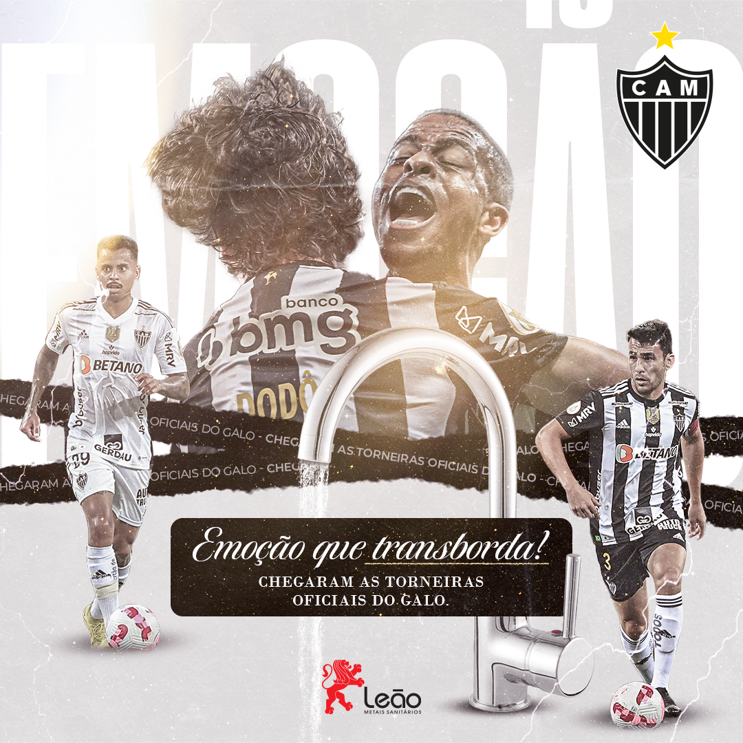 Imagem em homenagem ao Atlético Mineiro com jogadores em destaque, as cores do time em preto e branco e o escudo do clube.
