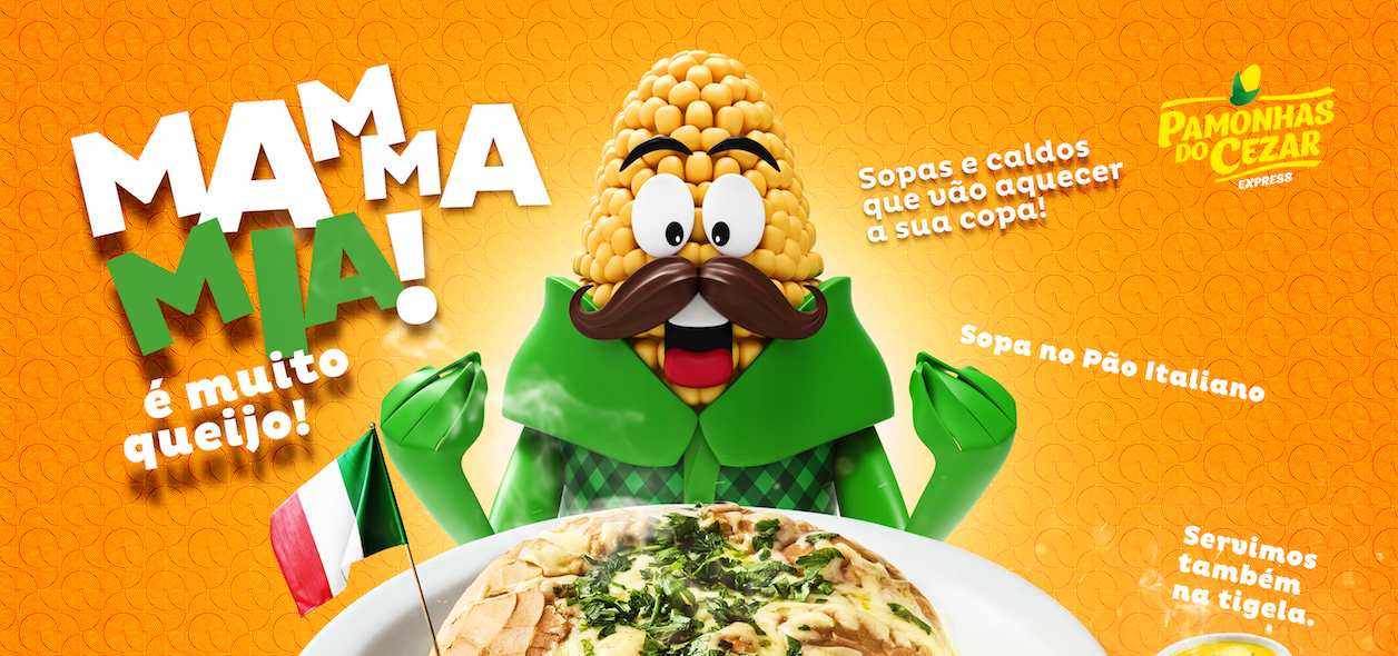 Um personagem de desenho animado com bigode está segurando uma pizza em um prato.