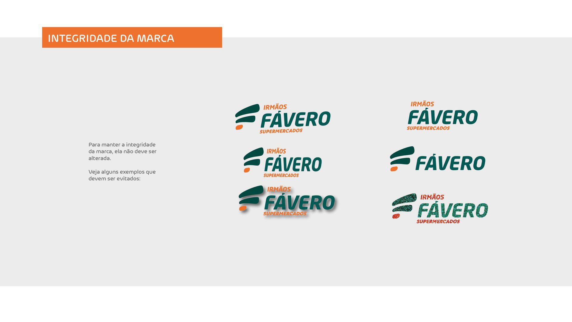 Slide do guia de marca com os logotipos da Favero em verde-azulado e laranja sobre um fundo branco.