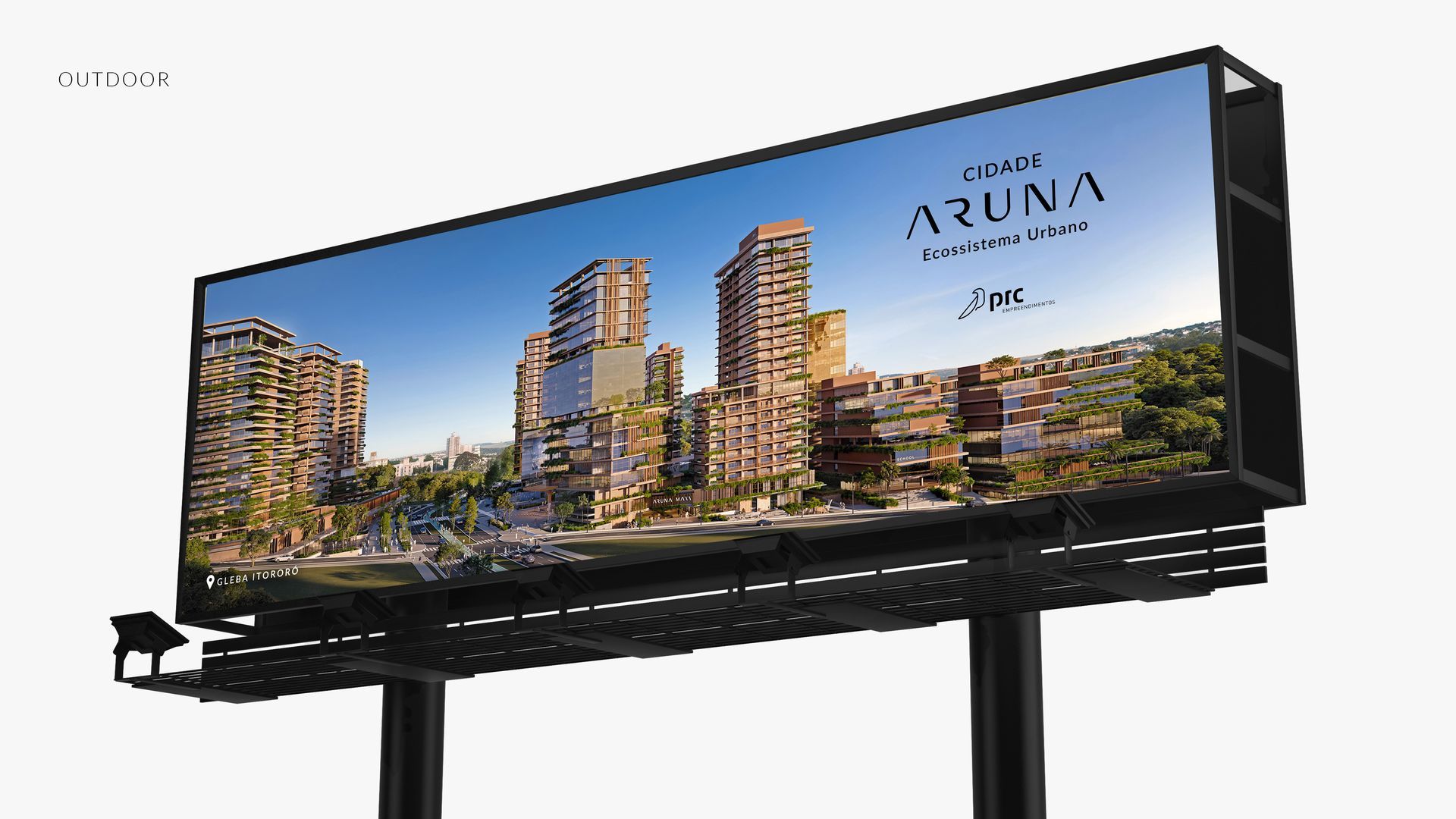 Outdoor exibindo o horizonte de uma cidade e a palavra “ARUNYA” sobre um fundo branco.