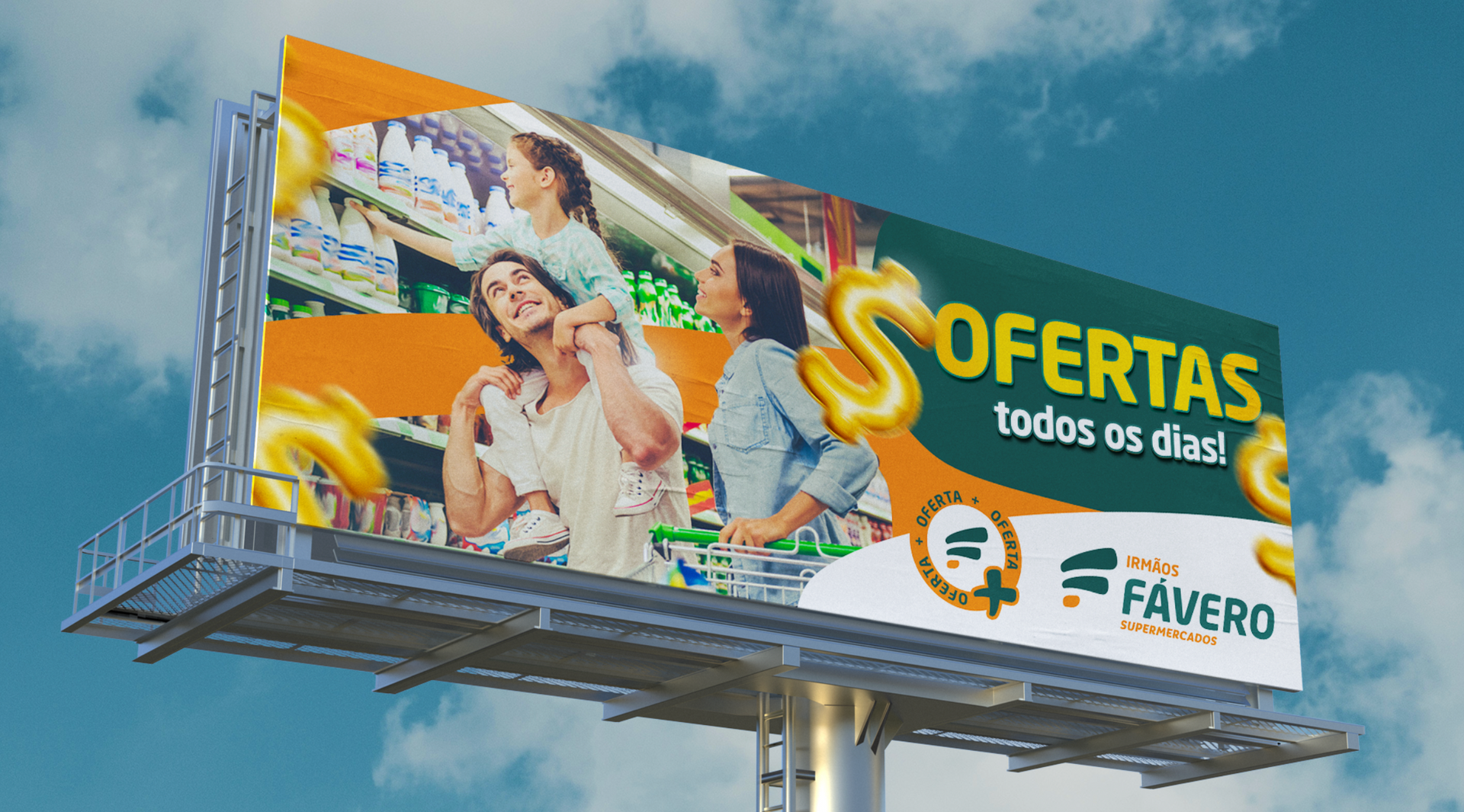 Billboard with colorful grocery ad against blue sky, reading “OFERTAS todos os dias” and Fávero logo