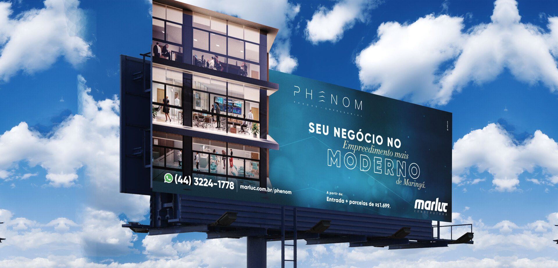Grande painel publicitário à beira da estrada contra um céu azul, anunciando imóveis com imagens de edifícios e texto.