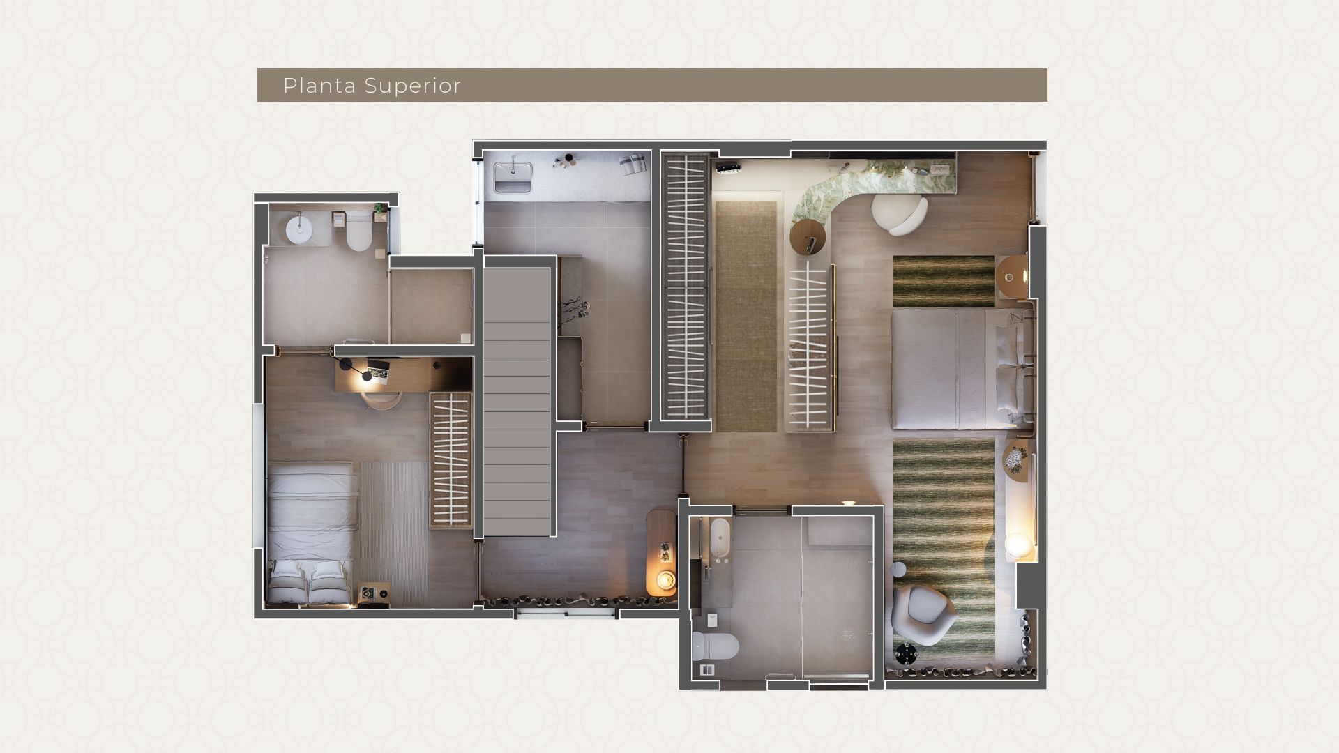 Planta baixa de um pequeno apartamento, vista de cima, com cômodos identificados, escadas e mobília em tons neutros.