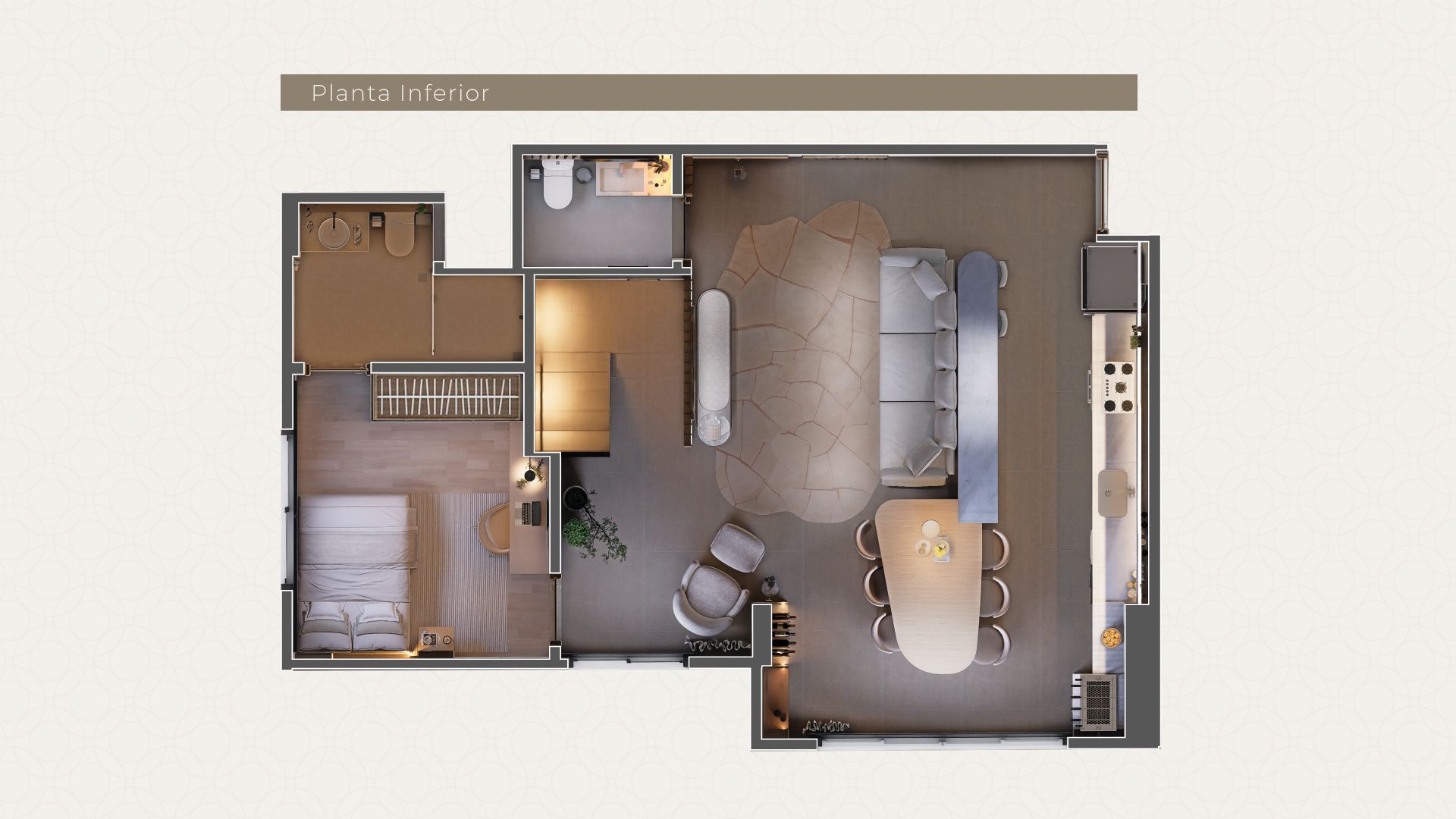 Planta baixa de um pequeno apartamento, vista de cima, com quarto, banheiro, cozinha e sala de estar.