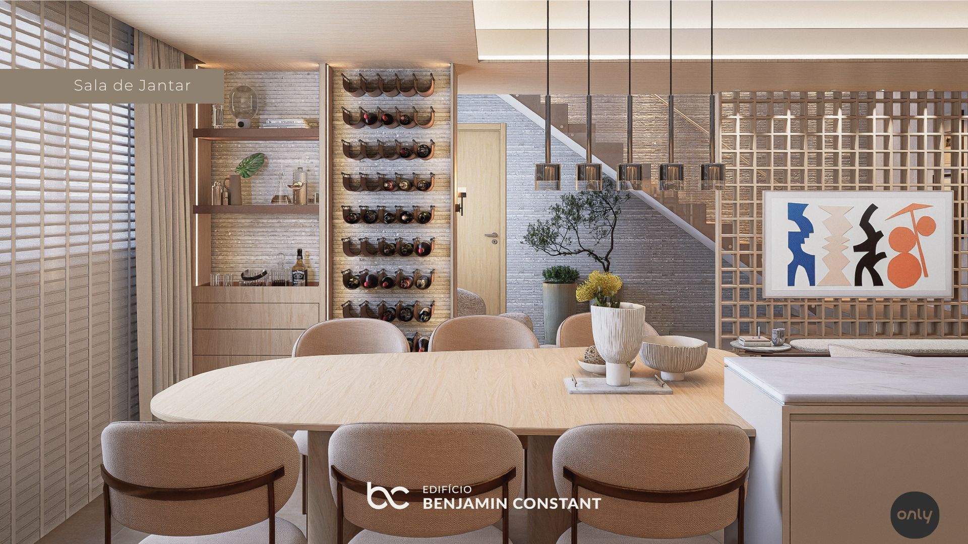 Sala de jantar moderna com mesa oval, cadeiras de vime, adega, plantas e obras de arte emolduradas em uma parede de tijolos.