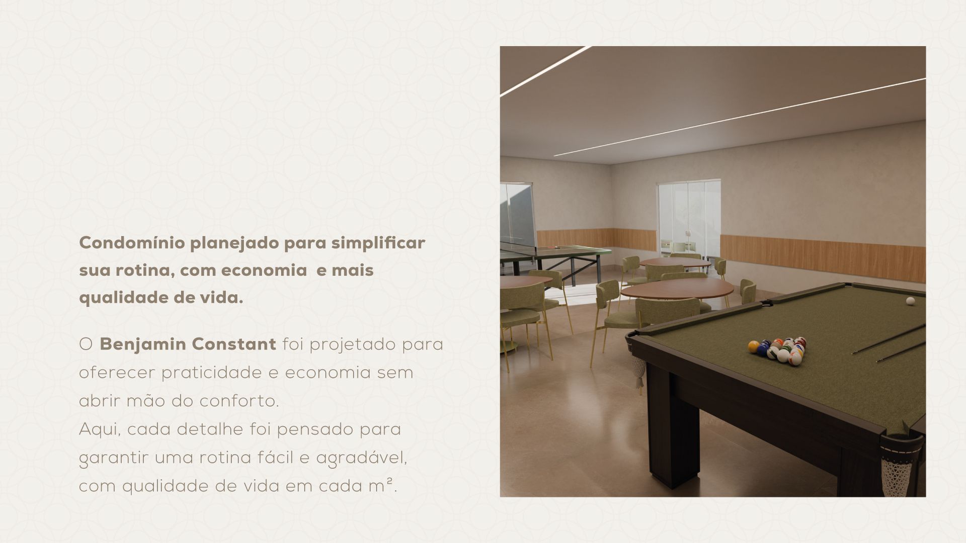Sala de estar moderna com paredes bege, mesa de bilhar e área de estar com iluminação embutida.