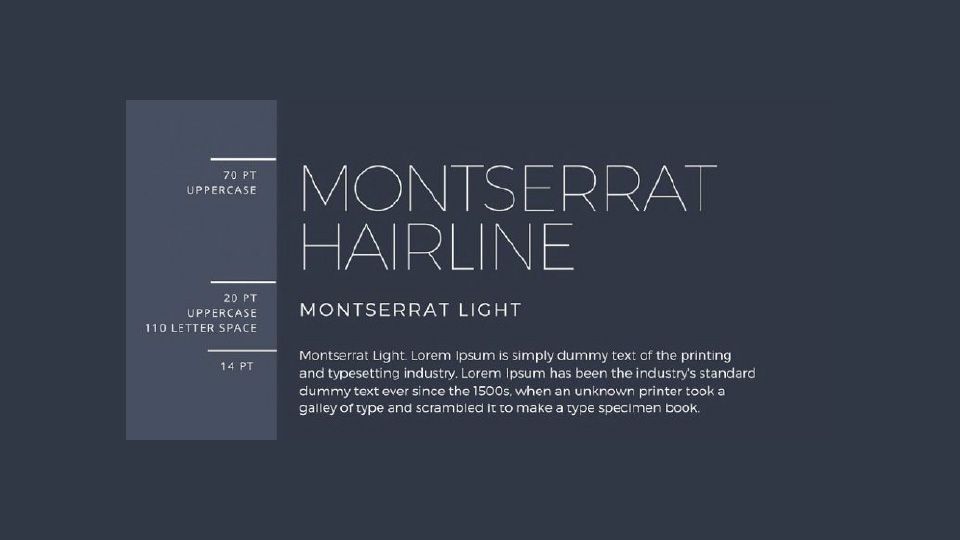 Exemplo da fonte Montserrat Hairline em fundo cinza escuro com tipografia e blocos de texto brancos.