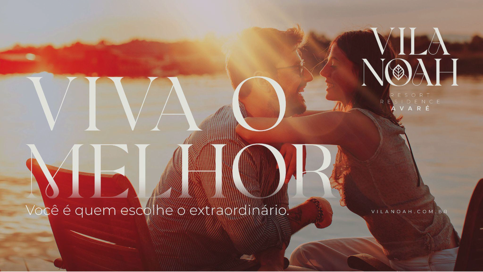 Couple embracing on a lake at sunset. Text: 