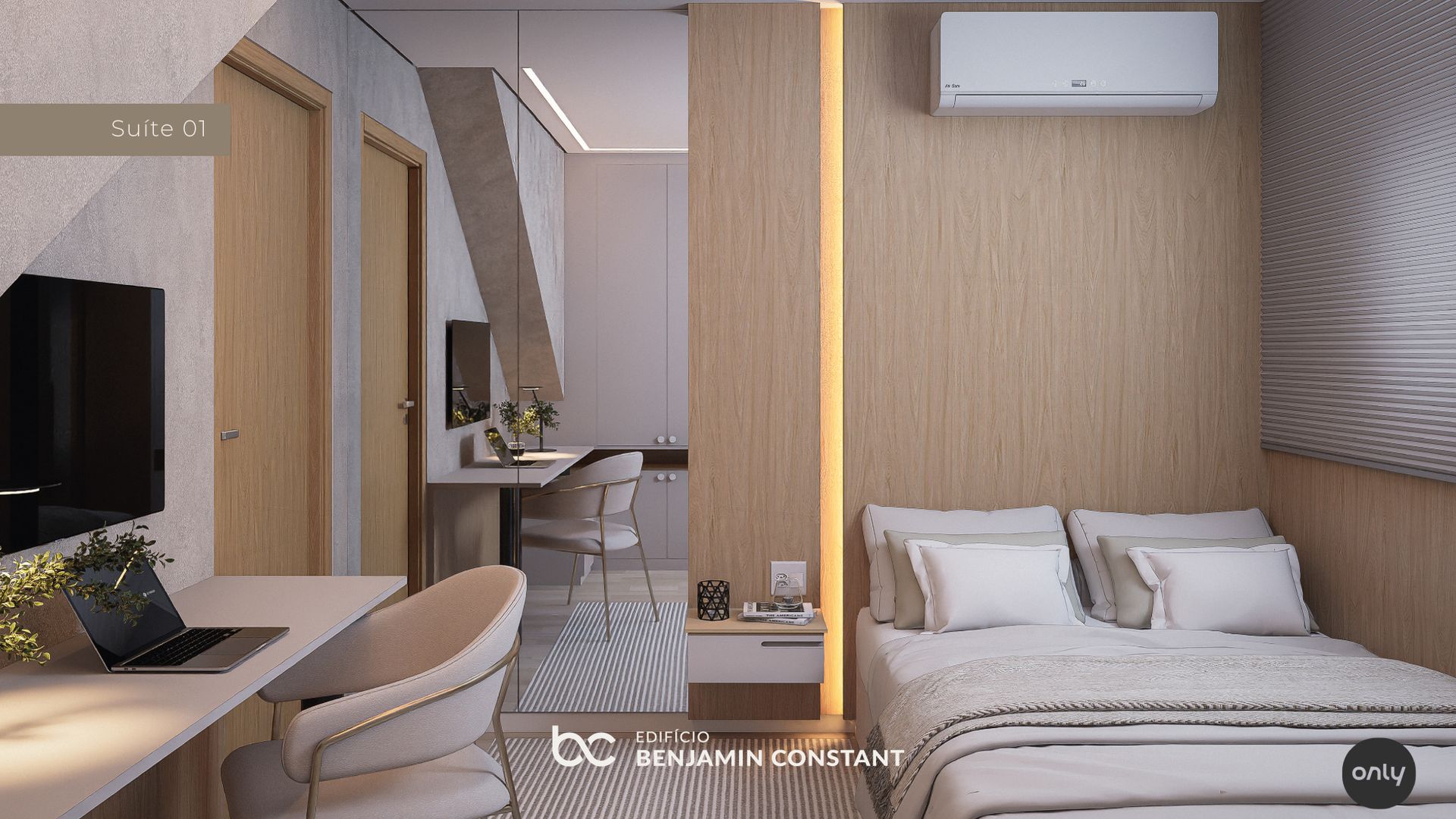 Quarto de hotel moderno com cama, escrivaninha, espelho e paredes revestidas de madeira em tons quentes.