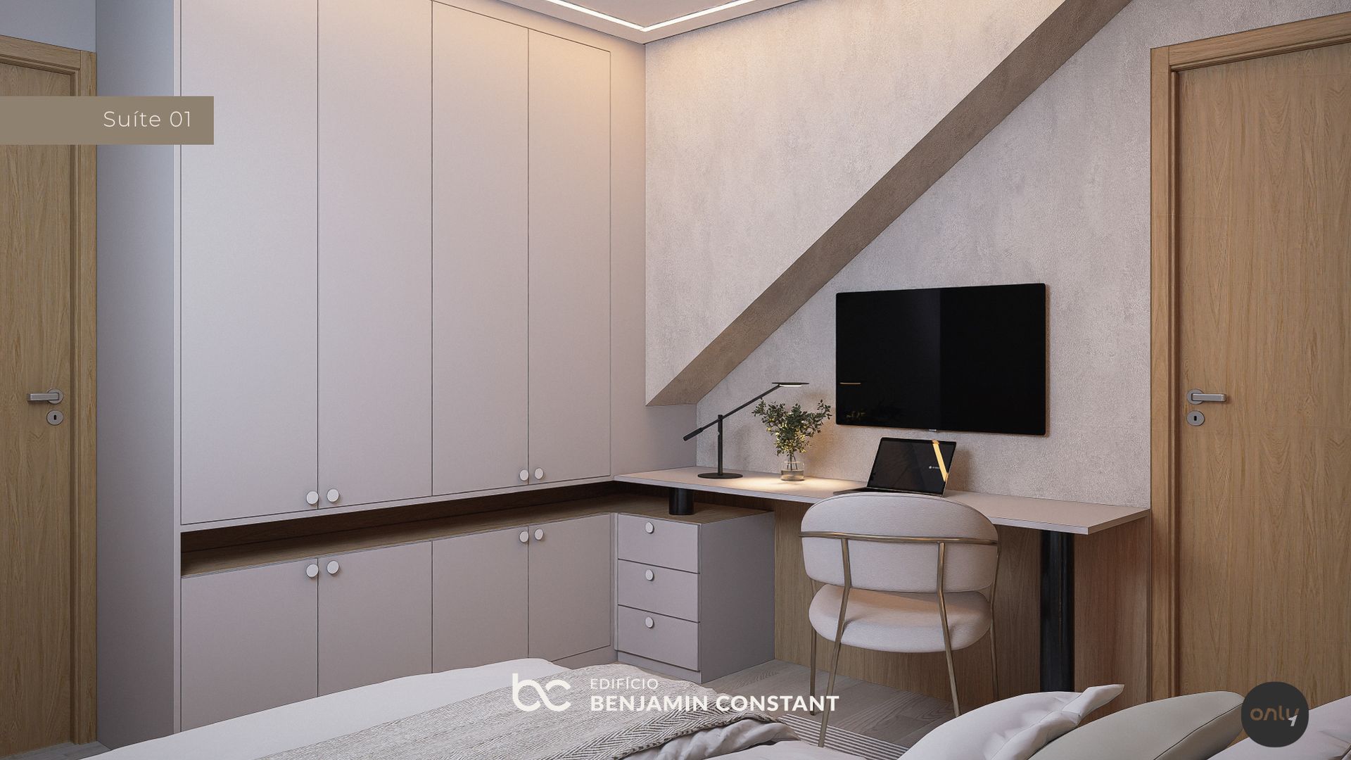 Quarto moderno e minimalista com armários embutidos, escrivaninha, cadeira, TV de parede e teto inclinado.