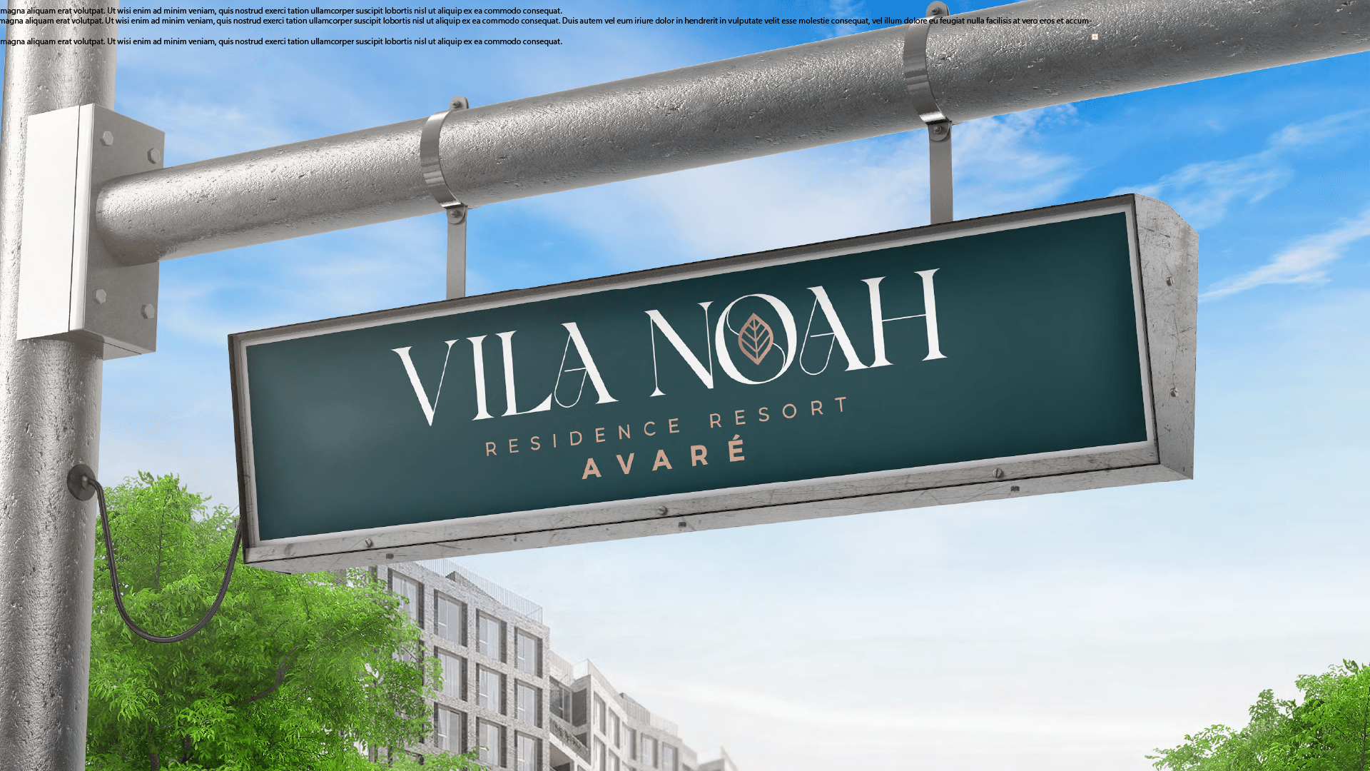 Placa do Vila Noah Residence em Avaré, Brasil, montada em um mastro, fundo verde, texto branco e prédios ao fundo.