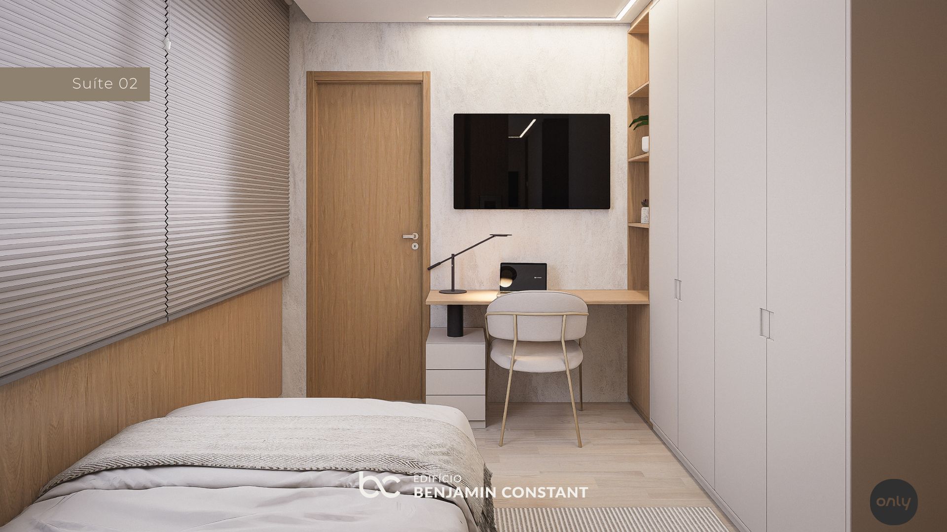 Quarto minimalista com parede revestida de madeira, cama, escrivaninha, TV de parede e guarda-roupa branco.