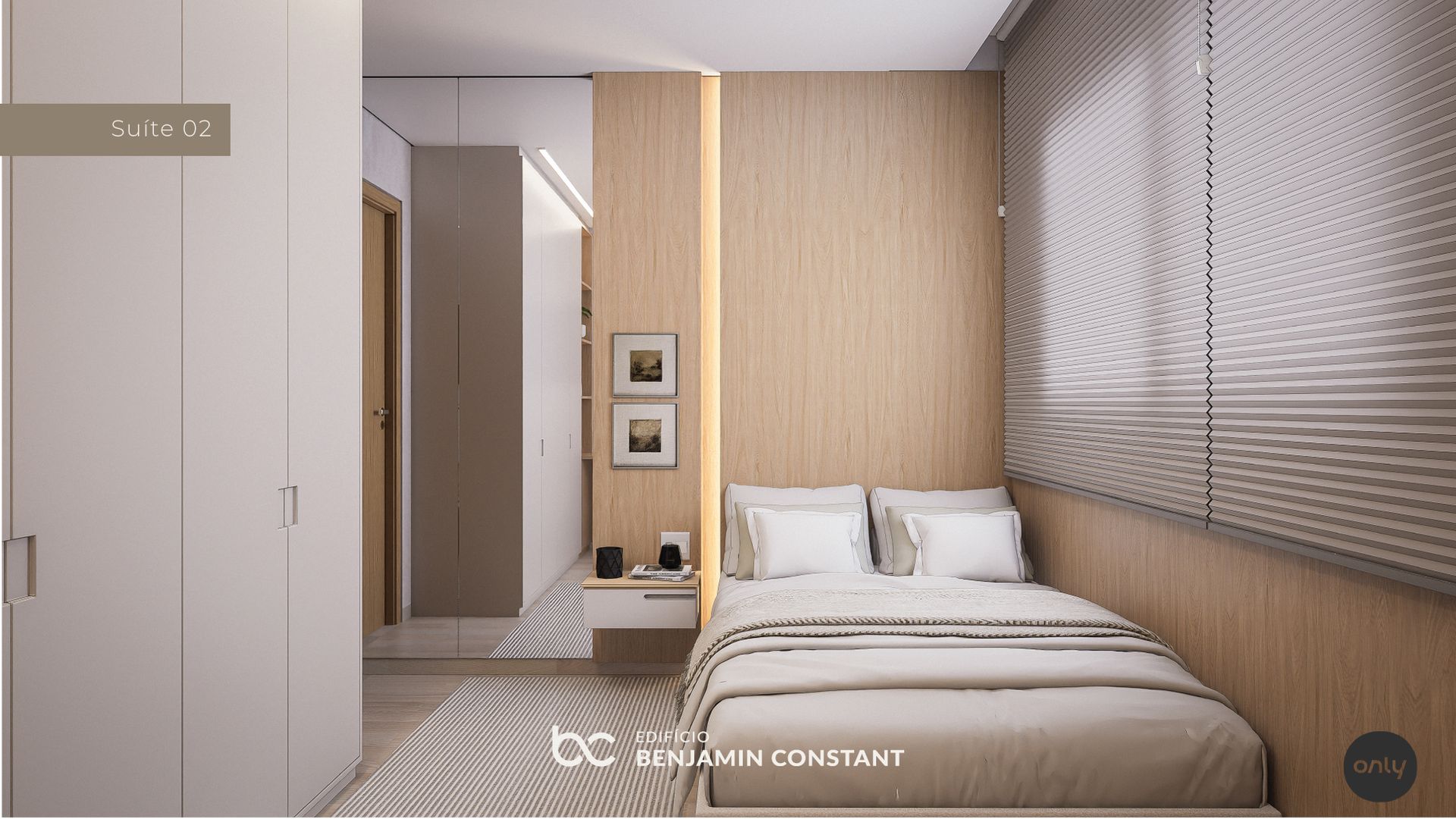 Quarto minimalista com cama de solteiro, detalhes em madeira e persianas em tons neutros suaves.