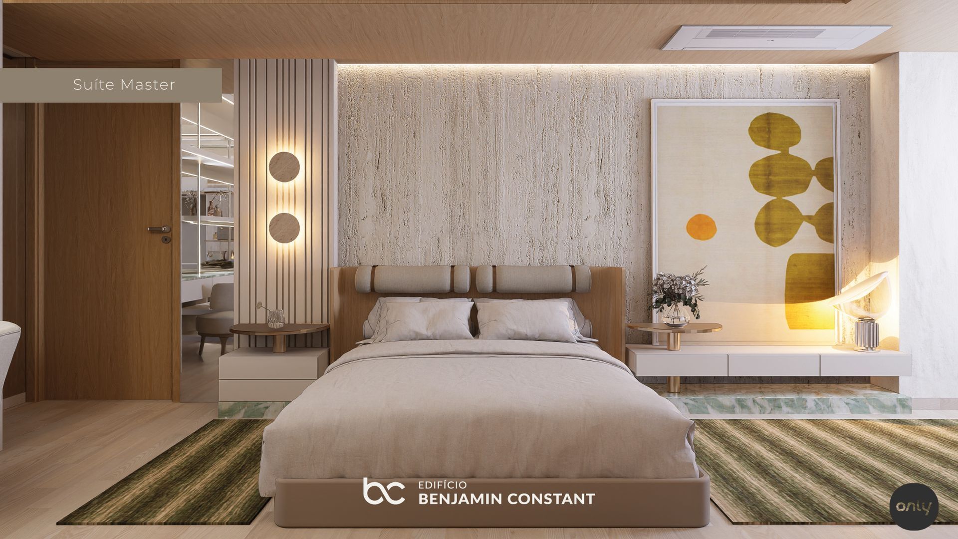 Quarto de hotel moderno em tons de bege com cama king-size, iluminação aconchegante, detalhes em madeira e arte abstrata na parede.