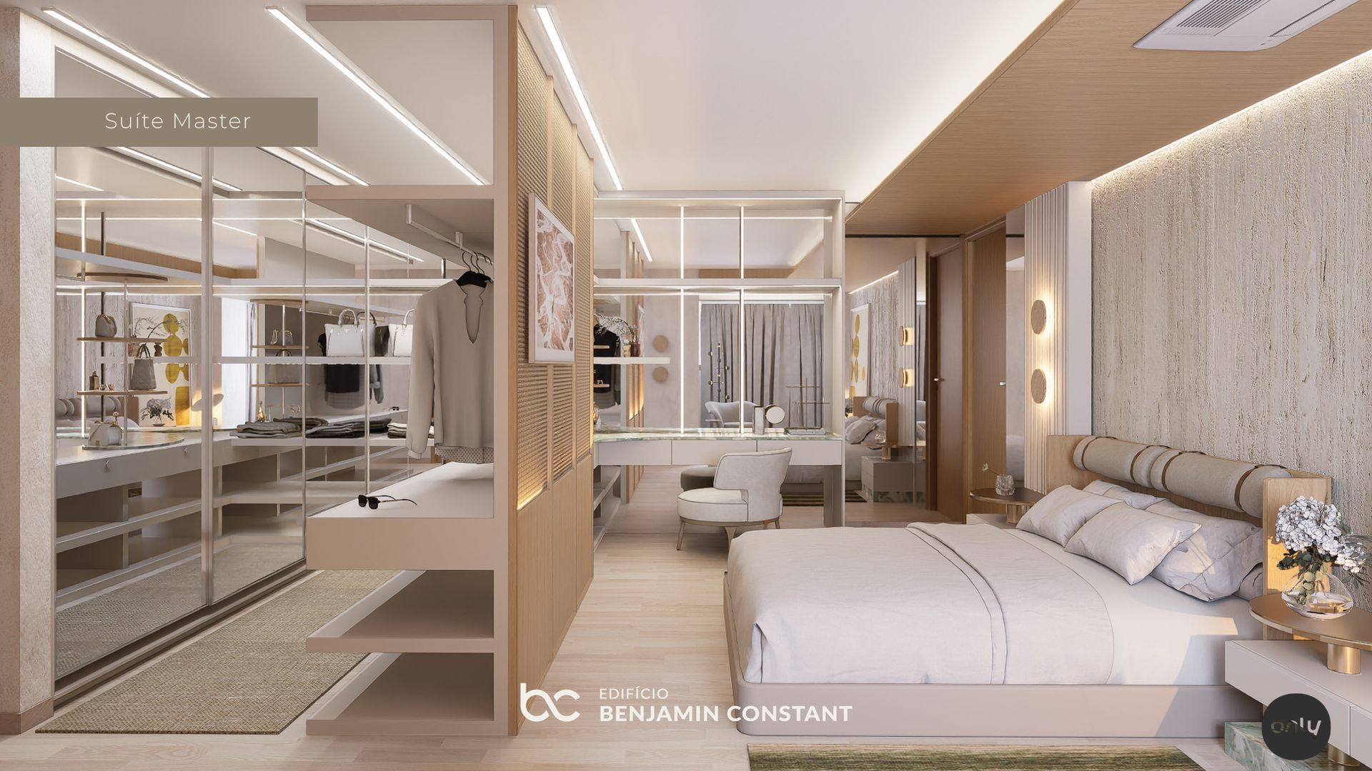 Quarto moderno bege com divisórias de vidro, cama branca, penteadeira e elegantes prateleiras embutidas.