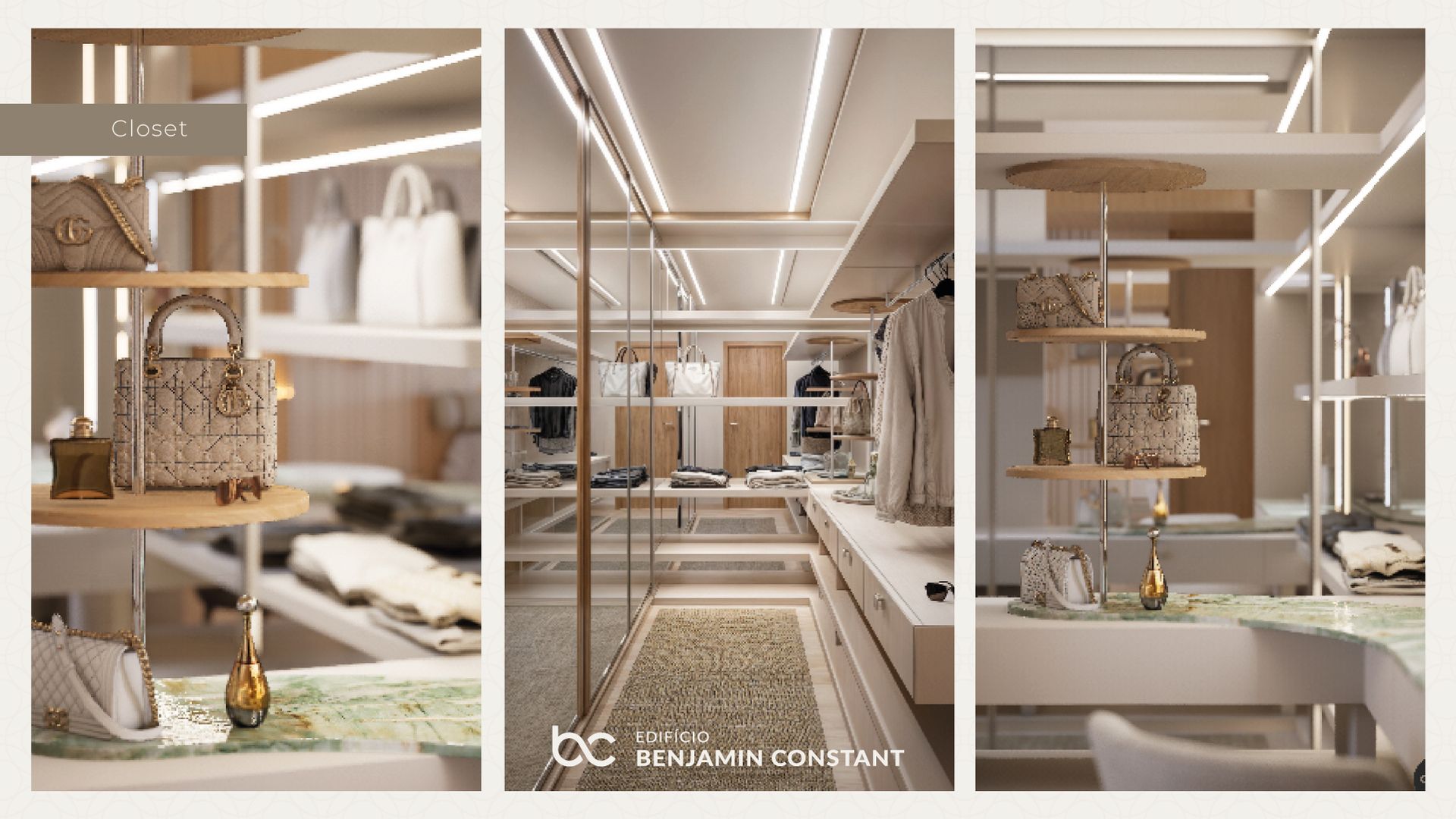 Closet moderno de luxo em tons de bege e branco com prateleiras, espaço para pendurar roupas, gavetas e iluminação aconchegante.