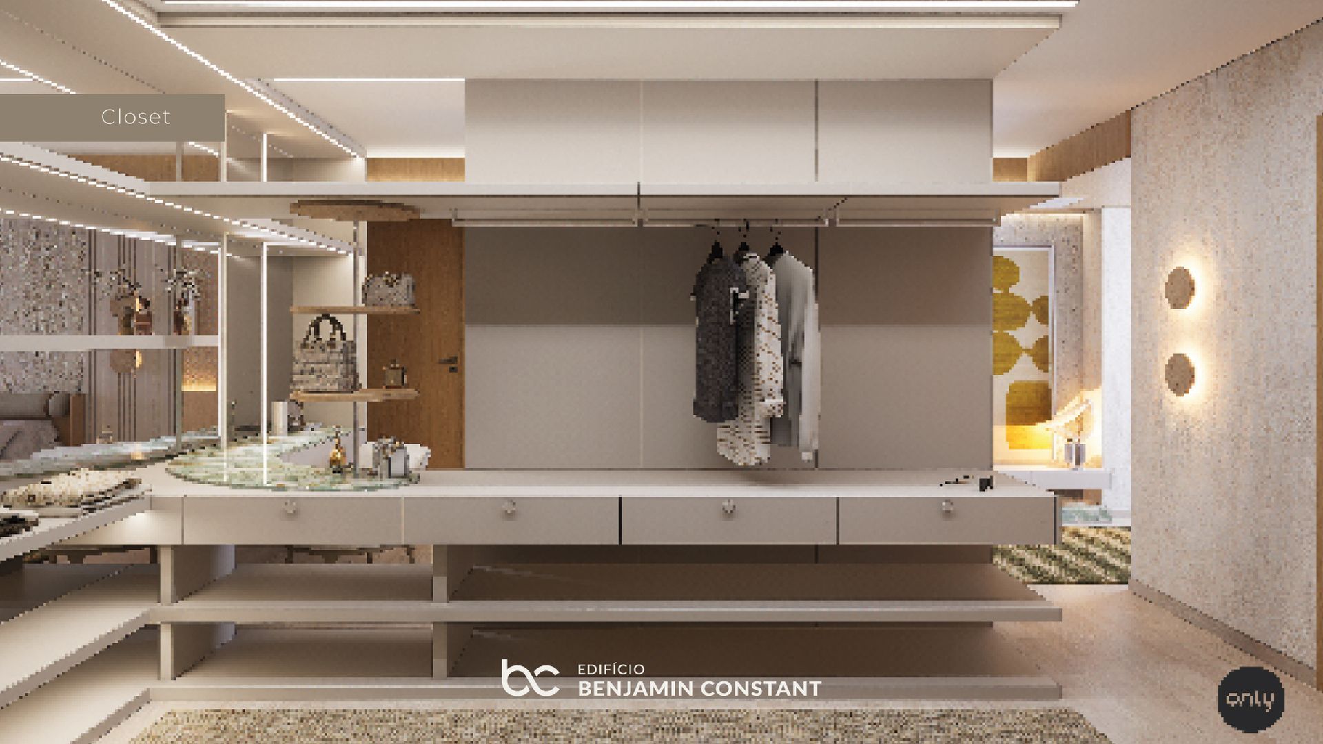 Closet moderno e minimalista com prateleiras, espaço para pendurar roupas, gavetas e iluminação aconchegante.