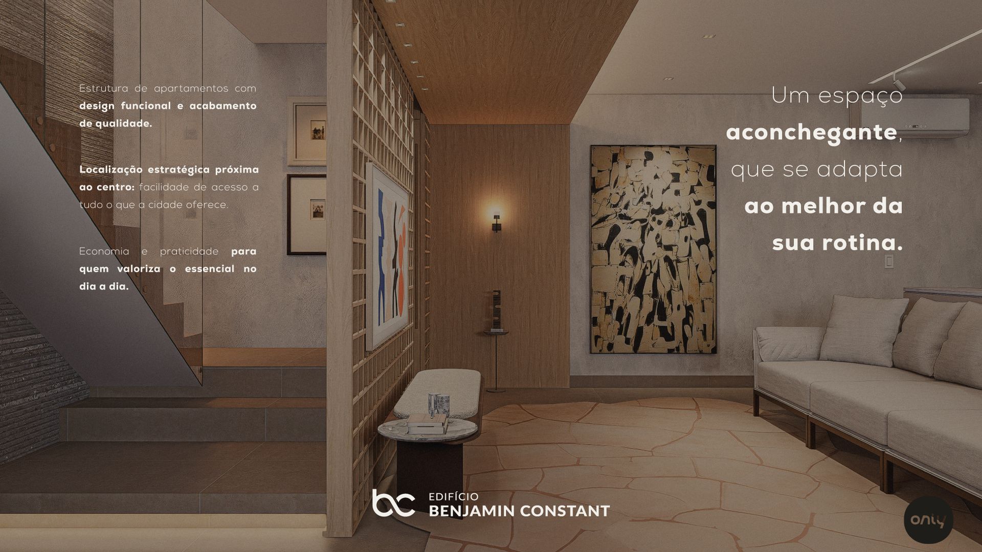 Sala de estar moderna e minimalista com sofá bege, arte abstrata, iluminação aconchegante e escada branca.