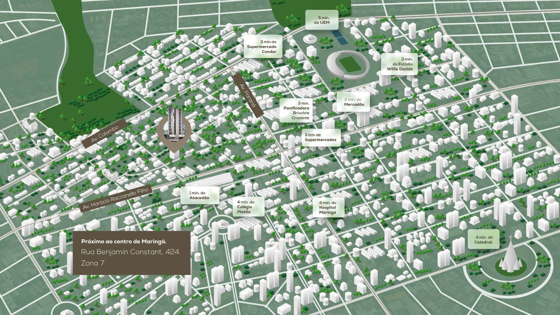 Mapa 3D da cidade com prédios brancos, ruas verdes e uma grande estrutura central semelhante a um estádio.