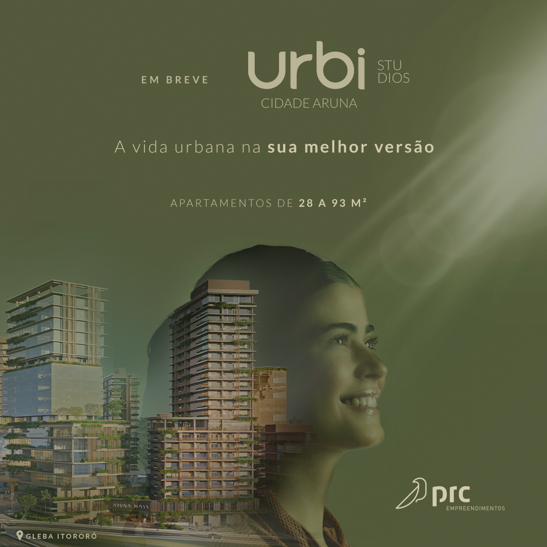 Anúncio do estúdio Urbi com prédios e uma mulher sorridente, em um fundo verde com uma luz forte. O texto diz 