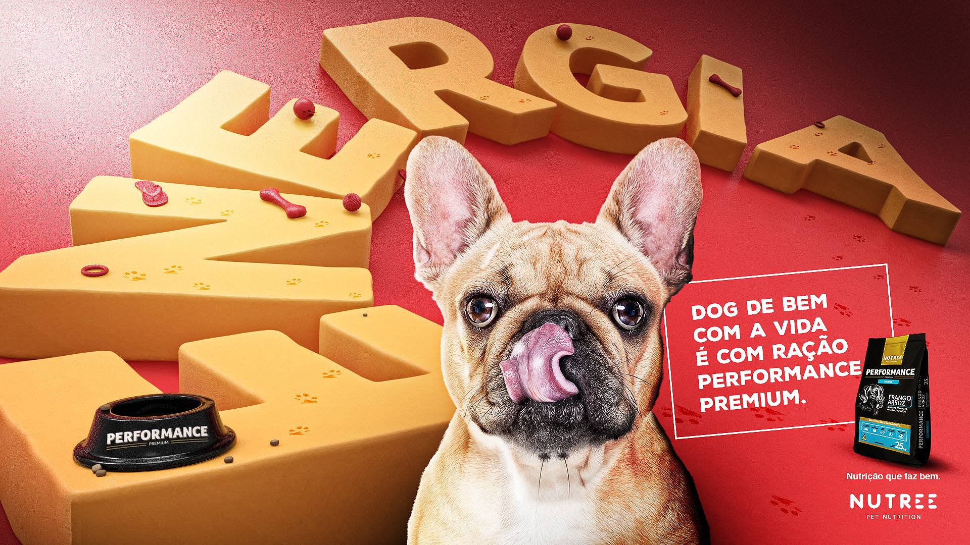Um buldogue francês está lambendo o nariz em frente a uma placa que diz energia