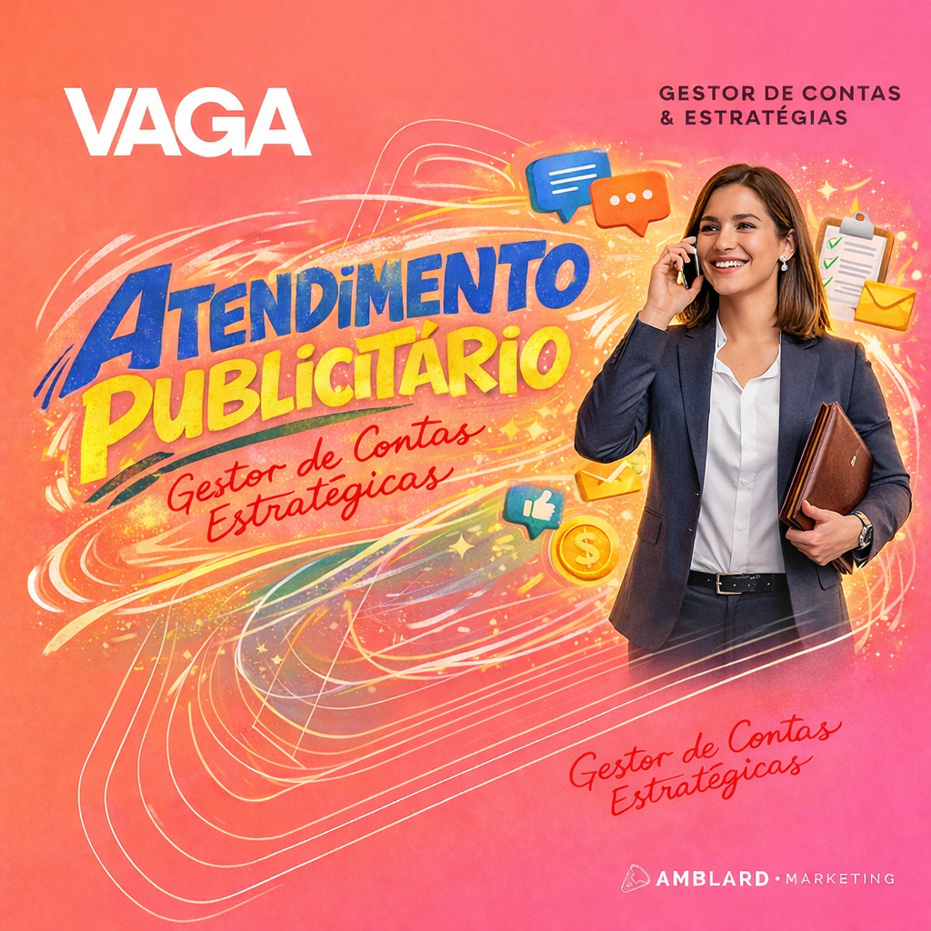Anúncio de vaga para atendimento publicitário, fundo laranja, com mulher sorrindo segurando pasta e ícones digitais.