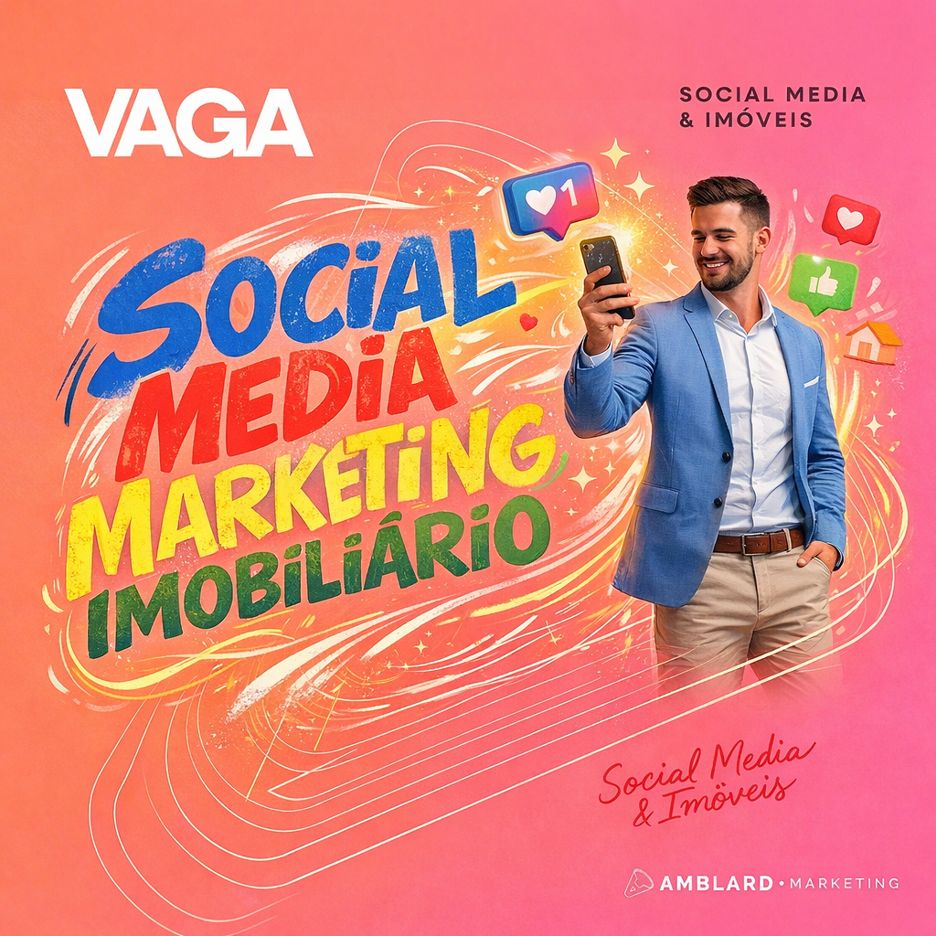 Arte promocional da VAGA: “Social Media Marketing Imobiliário” em fundo rosa, com homem sorrindo e ícones digitais.