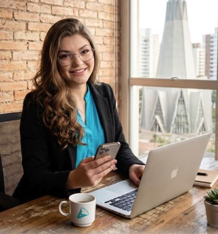 Mulher sorrindo para um laptop em um escritório iluminado, segurando um telefone perto de uma janela com vista para a cidade.
