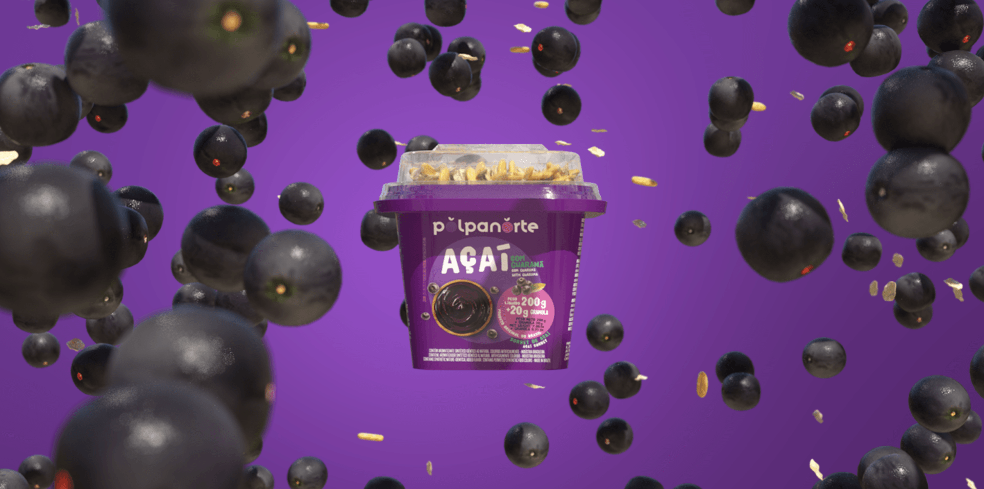 Uma caixa de suco de açaí está cercada por bolas pretas em um fundo roxo.