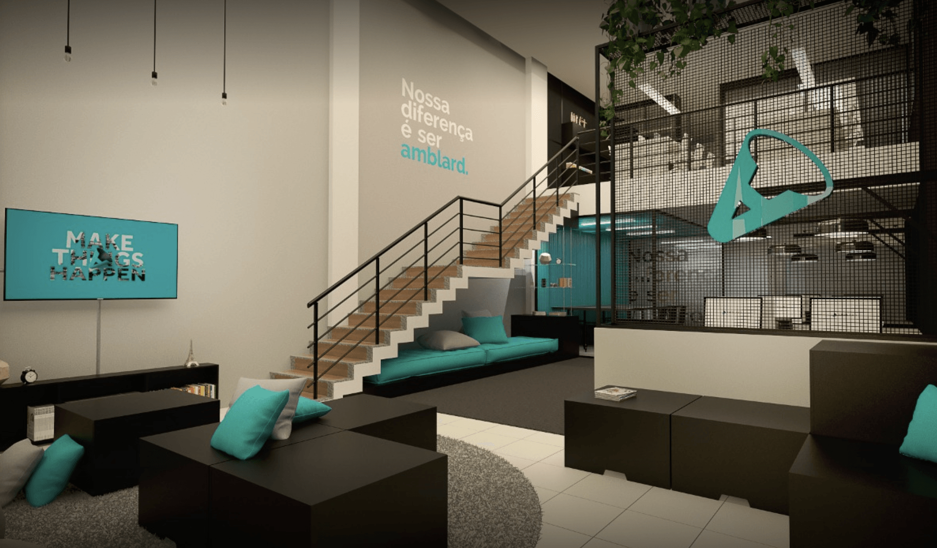 Sala de estar moderna com móveis pretos, detalhes em azul-petróleo, escadas e mezanino com área de estar.