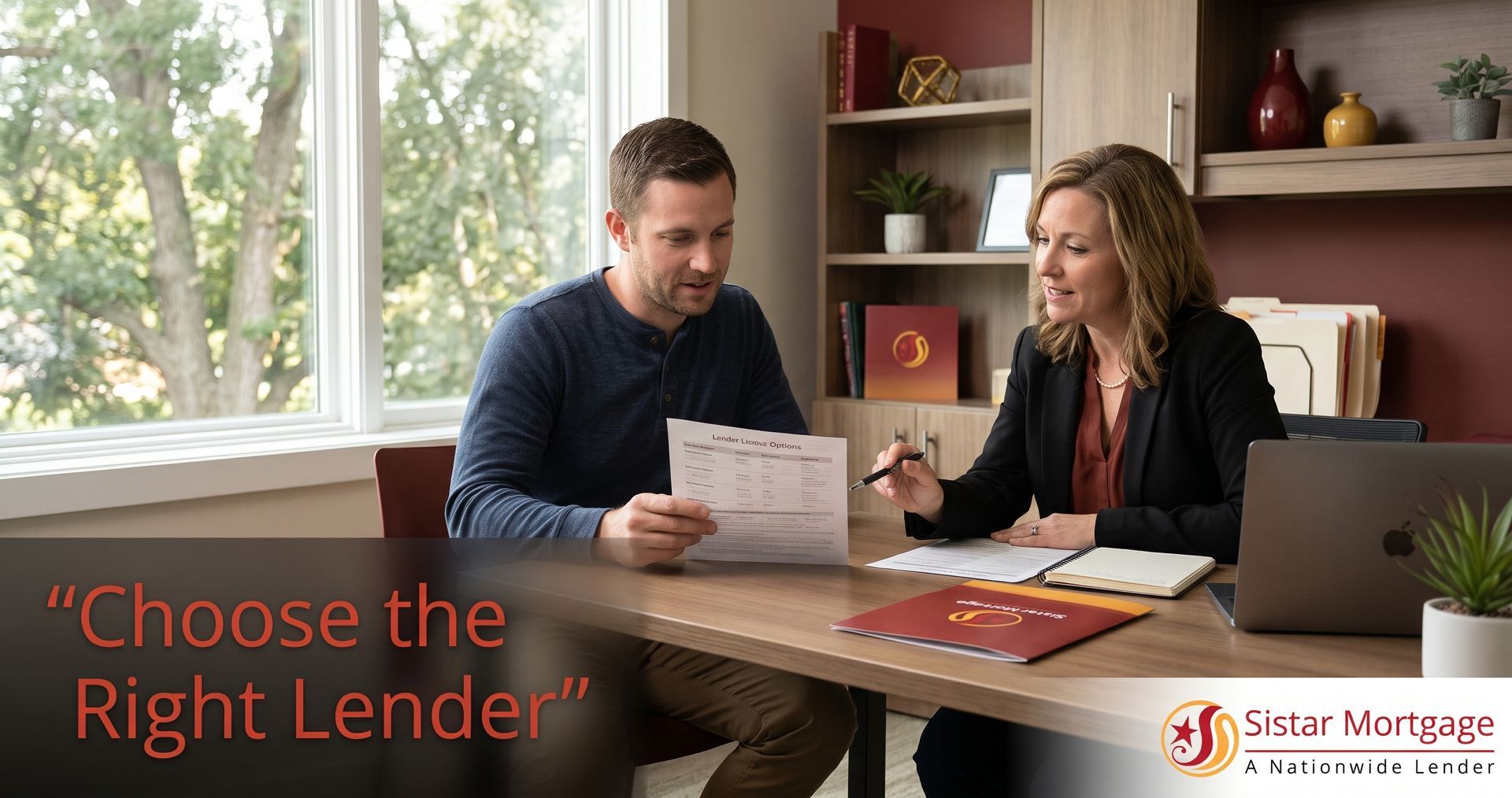 Wisconsin homebuyer reviewing a single-close construction loan lender comparison document with a mortgage specialist at an office desk