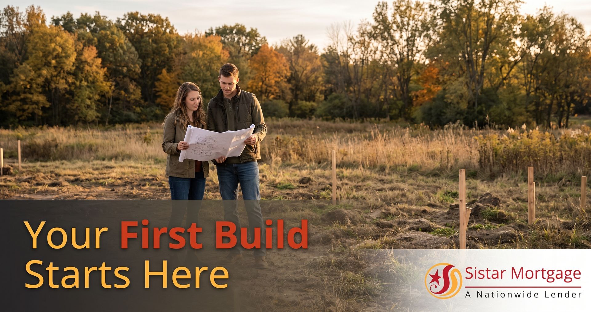 First-time buyers reviewing blueprints on a Wisconsin lot, considering a single-close construction