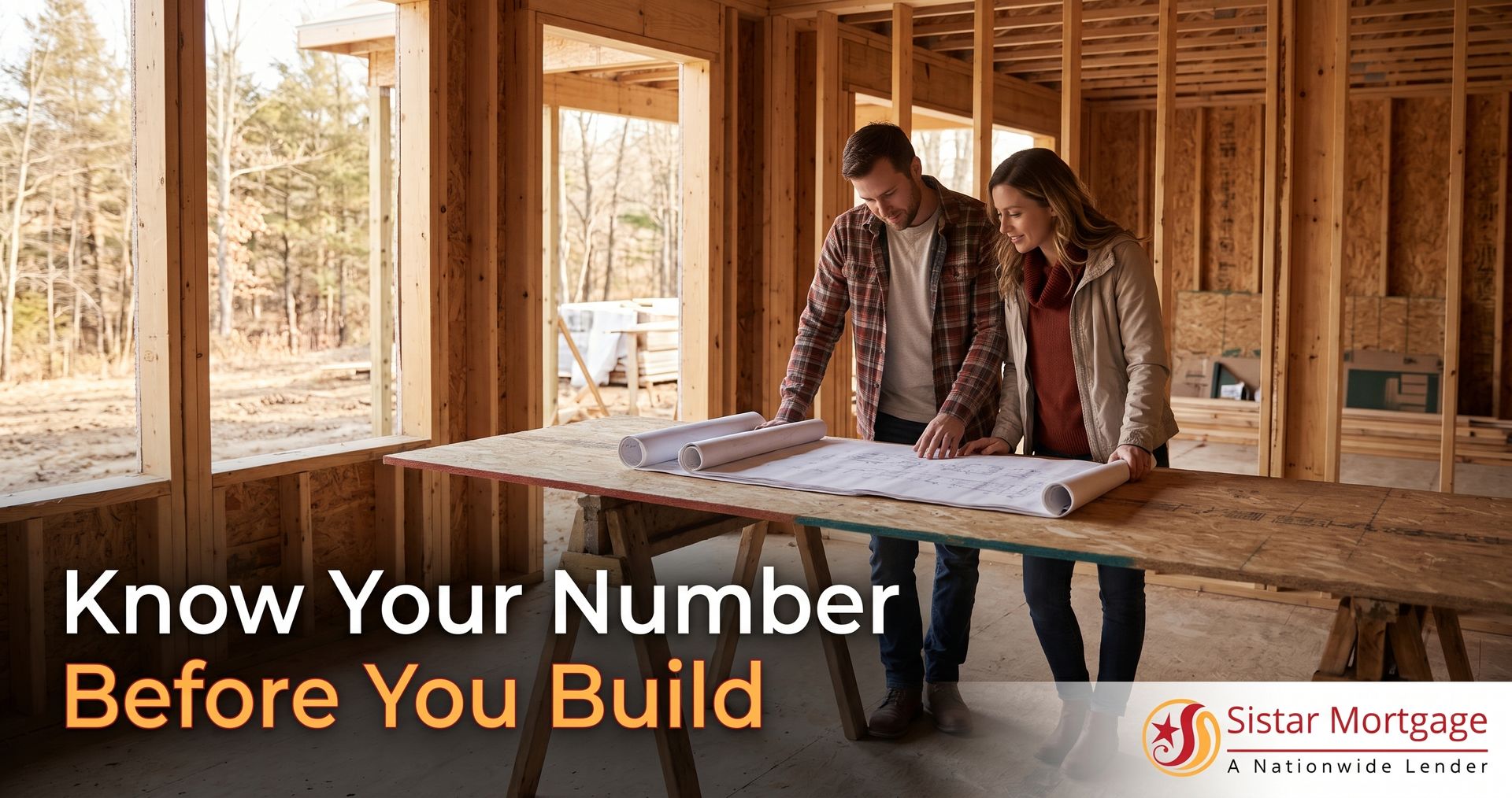 Wisconsin couple reviewing new construction blueprints at a job site, planning how much cash they ne