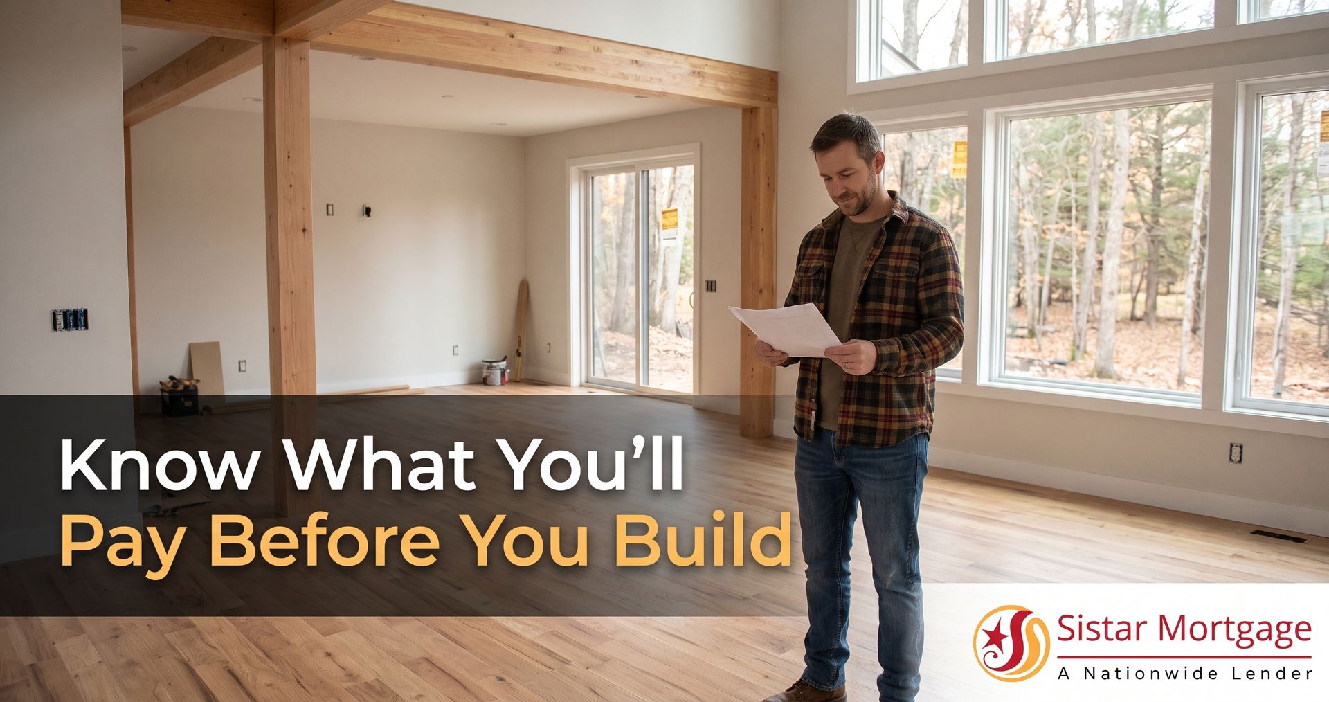 Wisconsin homeowner reviewing construction loan closing cost documents inside a newly framed home wi