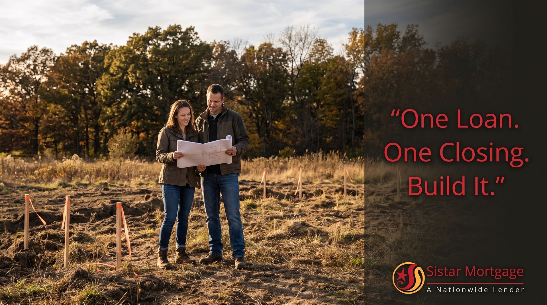 Wisconsin couple reviewing blueprints on building lot representing a single-close construction loan