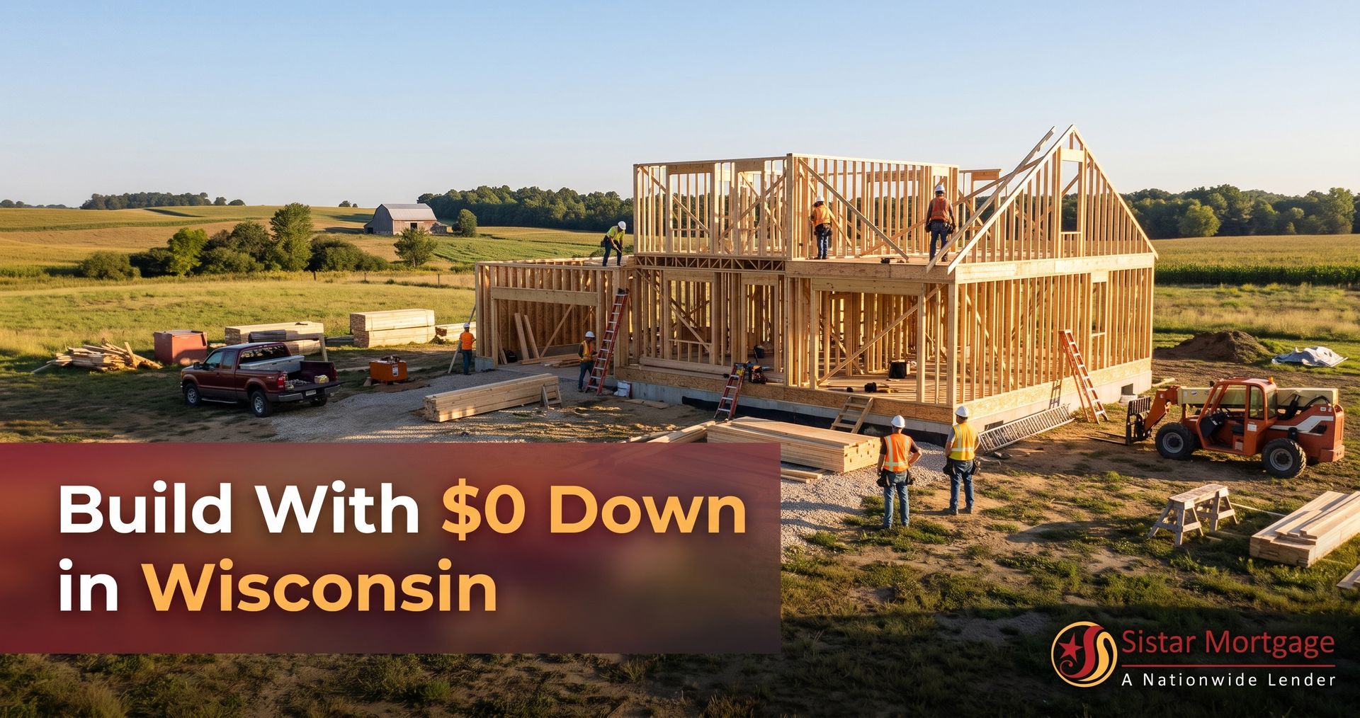 Wisconsin home under construction with wood framing on a rural lot, illustrating single-close constr