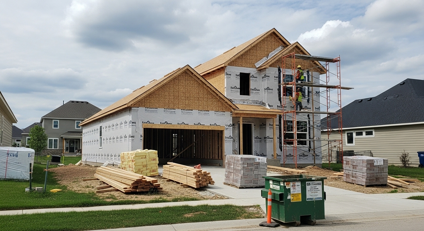 A two-story house under construction with white protective wrap, wood framing, scaffolding, and stacks of brick.