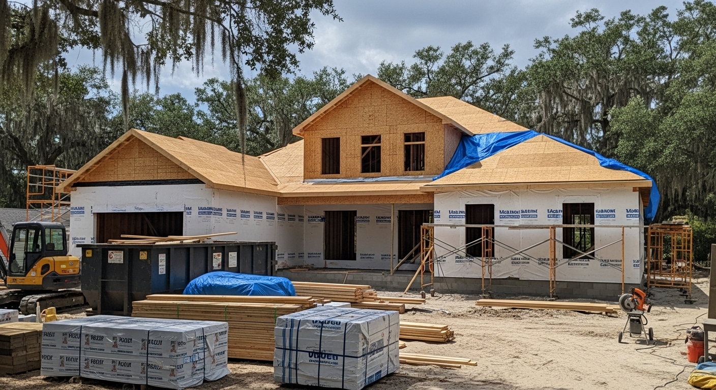 House under construction with unfinished siding, roof, and building materials in the yard.